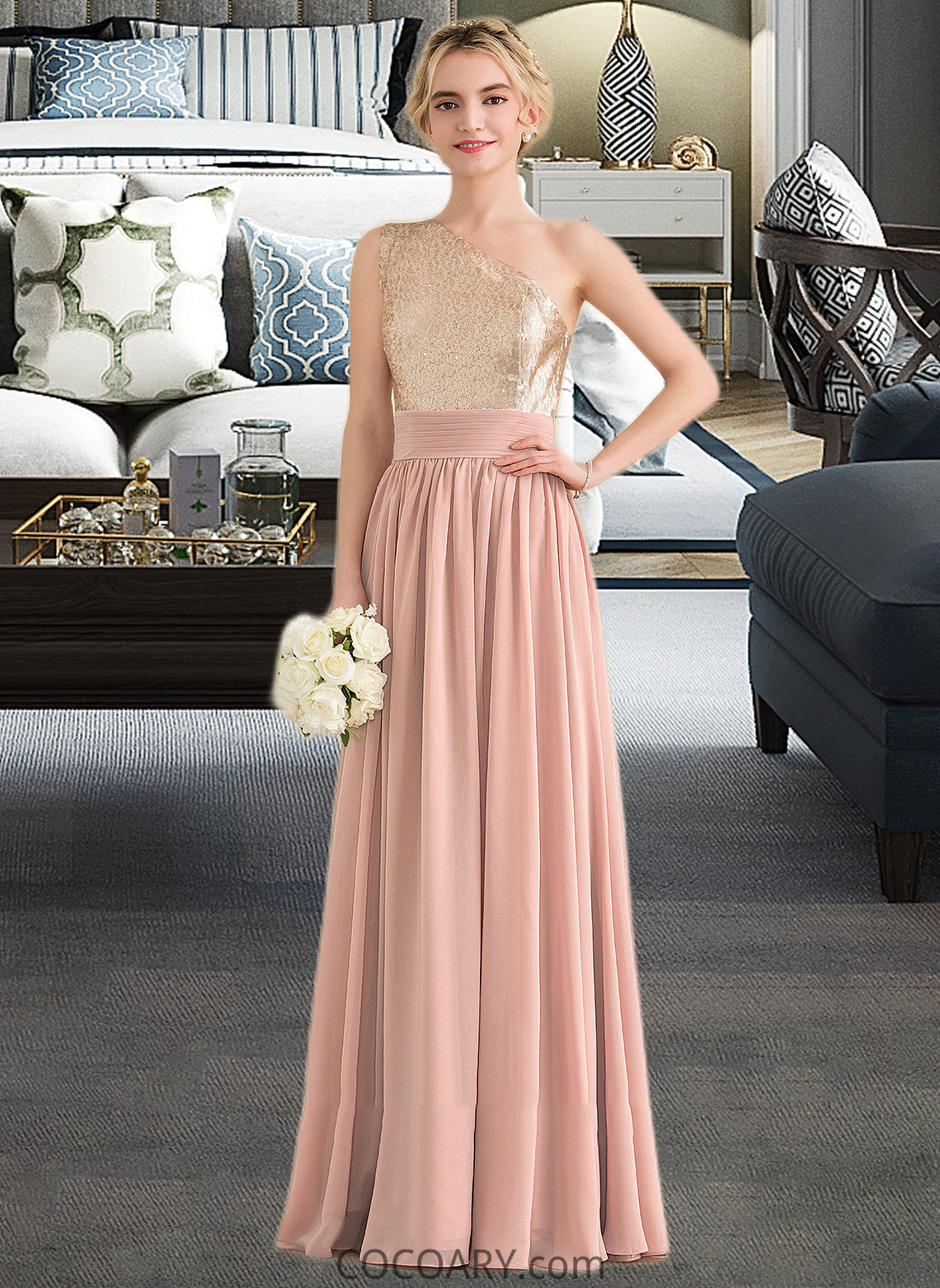 Nova A-line One Shoulder Floor-Length Chiffon Sequined Bridesmaid Dress DA8P0012916