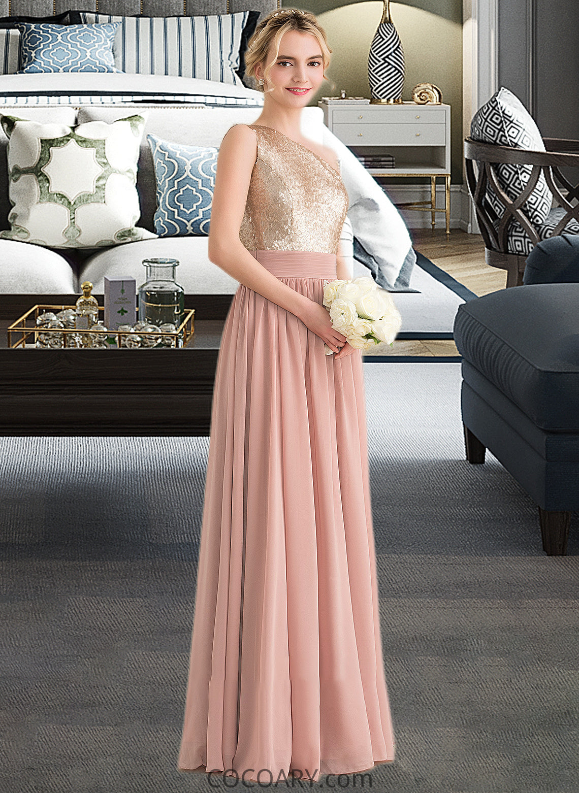 Nova A-line One Shoulder Floor-Length Chiffon Sequined Bridesmaid Dress DA8P0012916