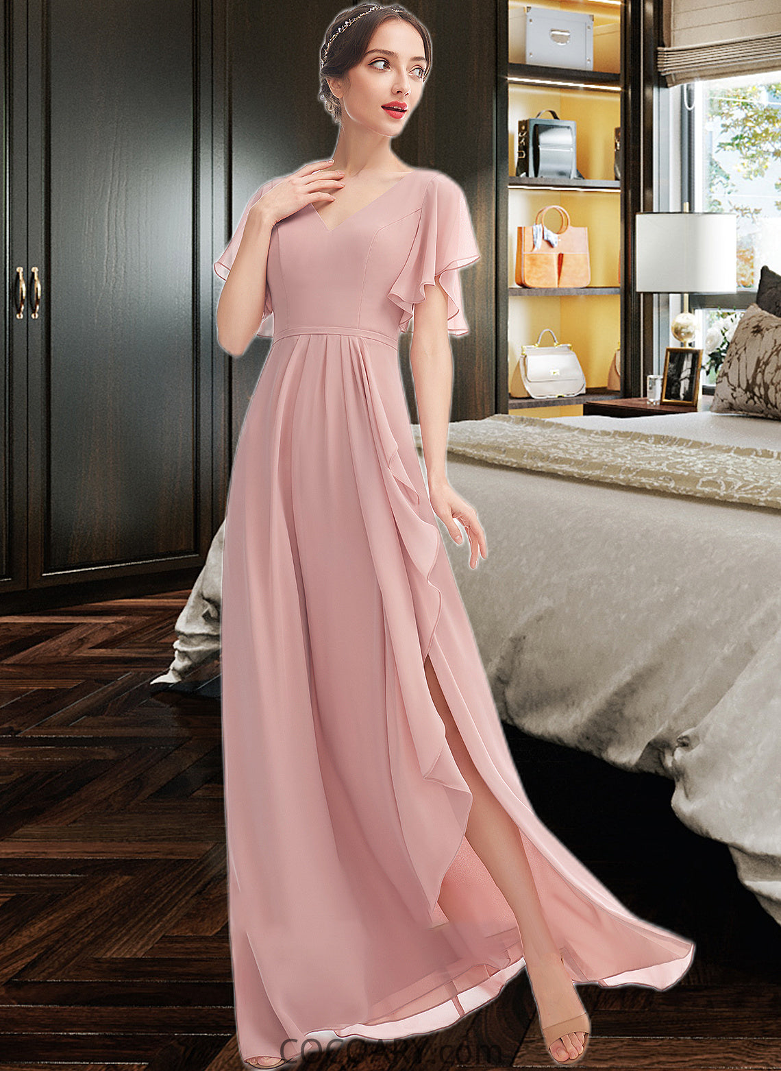 Micah A-Line V-neck Floor-Length Bridesmaid Dress With Ruffle Split Front DA8P0012923