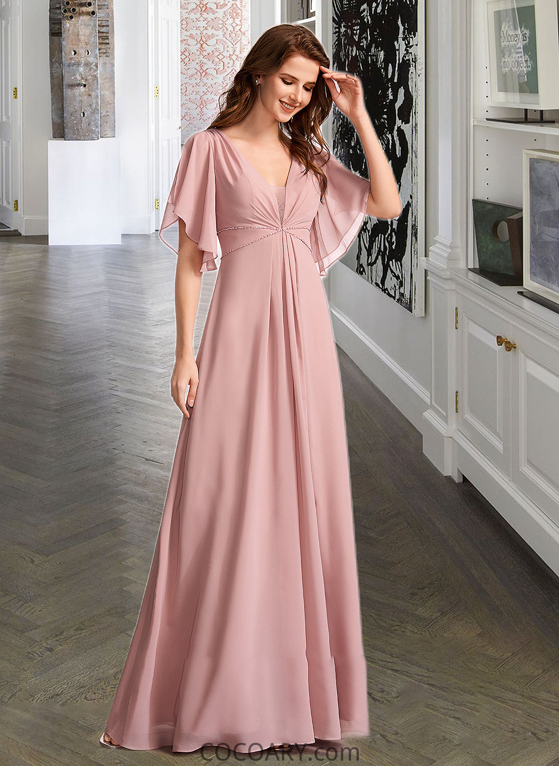 Sarahi A-Line V-neck Floor-Length Bridesmaid Dress DA8P0012927