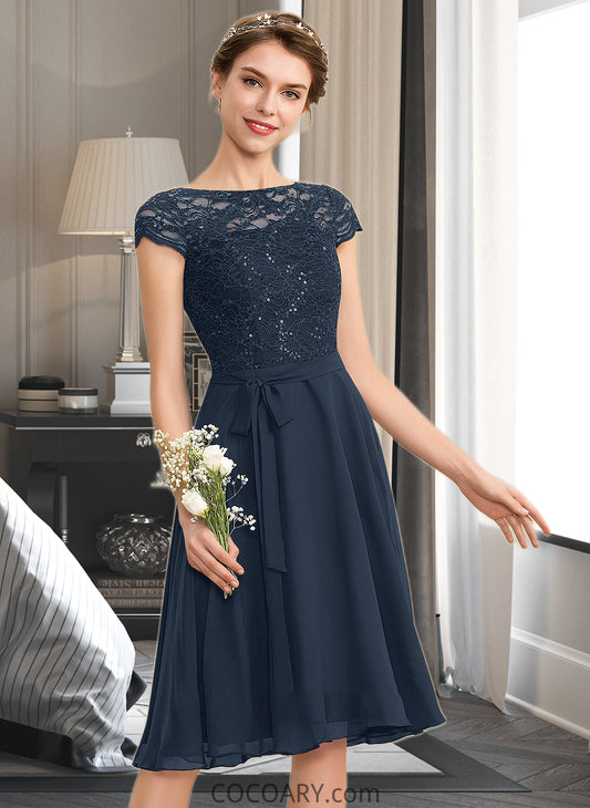 Aaliyah A-Line Scoop Neck Knee-Length Chiffon Lace Bridesmaid Dress With Sequins Bow(s) DA8P0012929