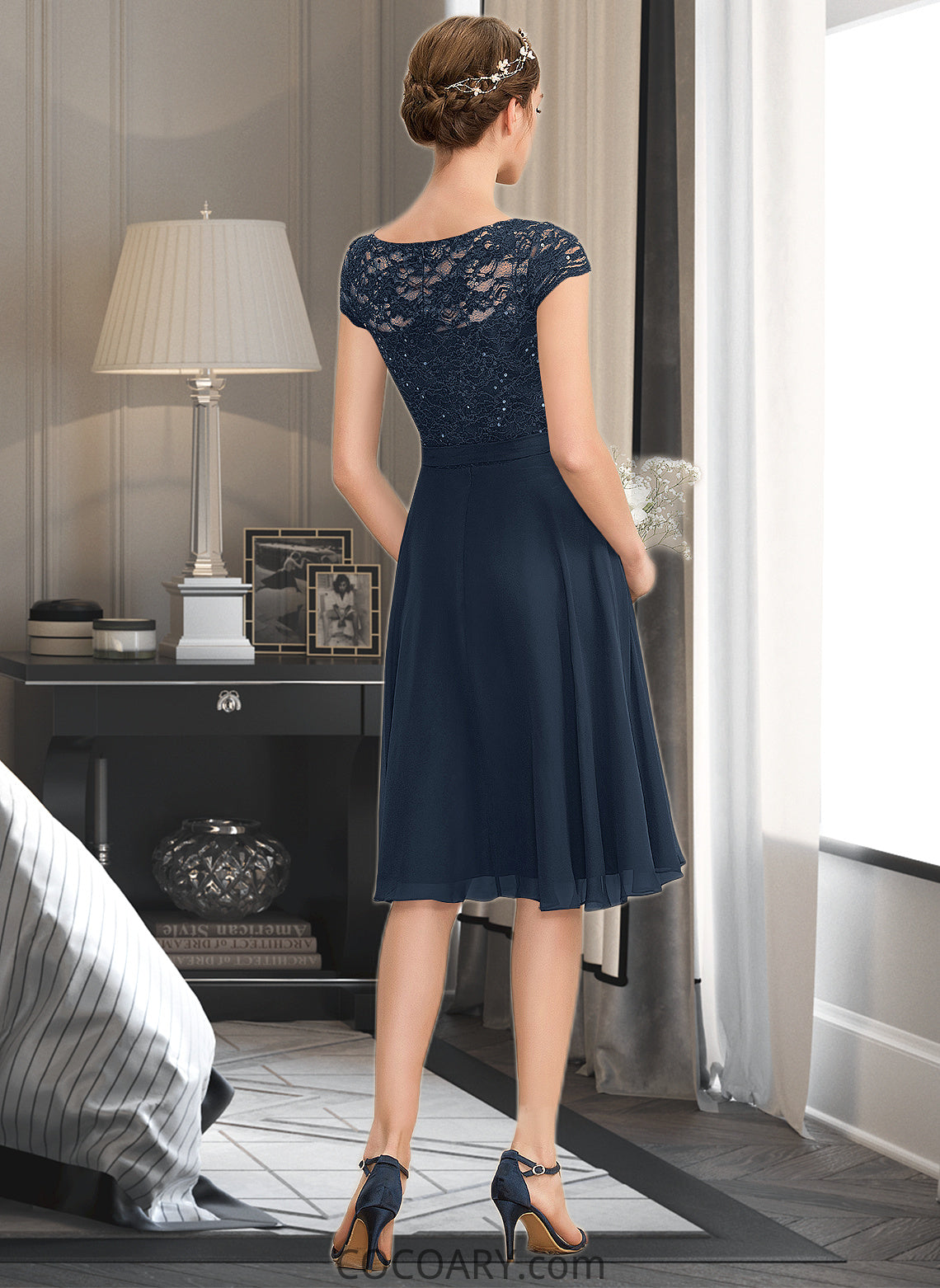 Aaliyah A-Line Scoop Neck Knee-Length Chiffon Lace Bridesmaid Dress With Sequins Bow(s) DA8P0012929