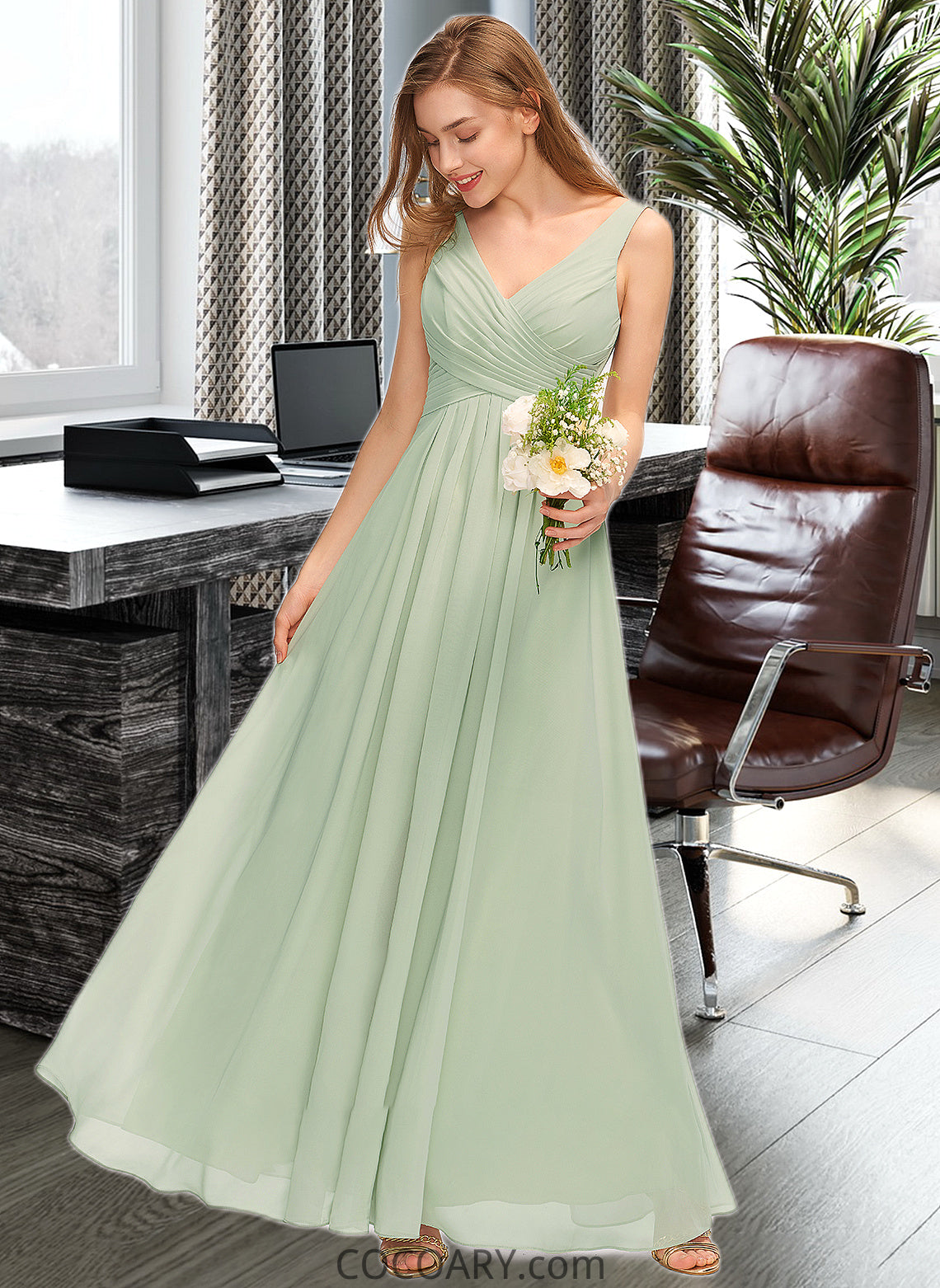 Elvira A-Line V-neck Floor-Length Chiffon Bridesmaid Dress With Ruffle Split Front DA8P0012933