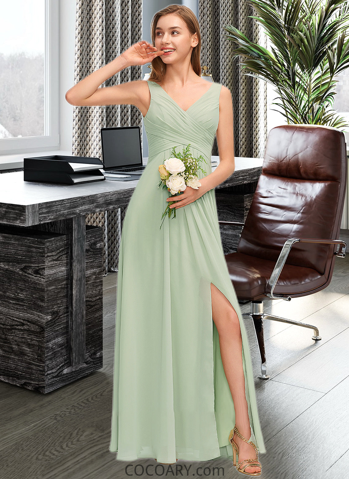 Elvira A-Line V-neck Floor-Length Chiffon Bridesmaid Dress With Ruffle Split Front DA8P0012933