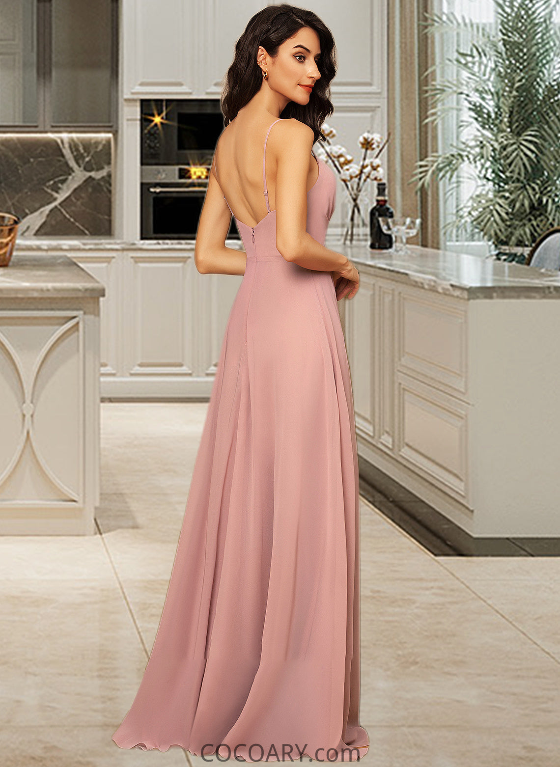 Millie A-Line V-neck Floor-Length Chiffon Bridesmaid Dress With Ruffle Split Front DA8P0012936