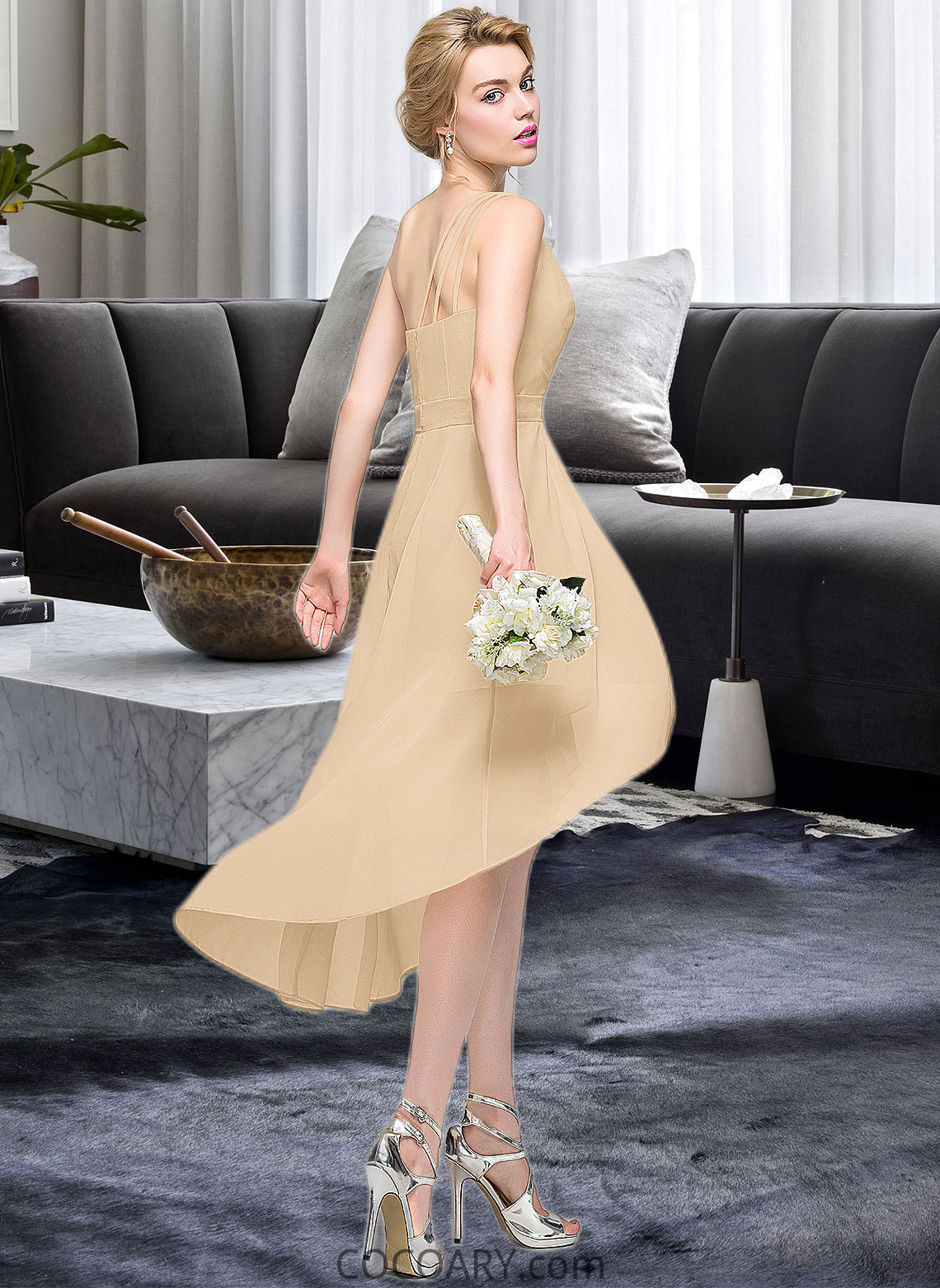 Jayden A-Line One-Shoulder Asymmetrical Chiffon Bridesmaid Dress With Ruffle Bow(s) Cascading Ruffles DA8P0012937