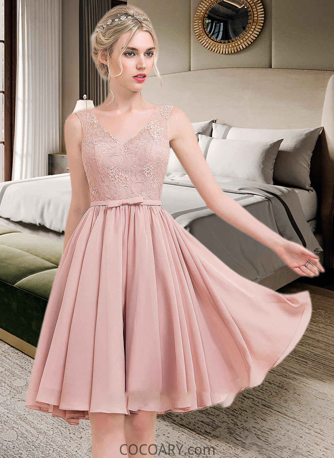 Caroline A-Line V-neck Knee-Length Chiffon Lace Bridesmaid Dress With Bow(s) DA8P0012939