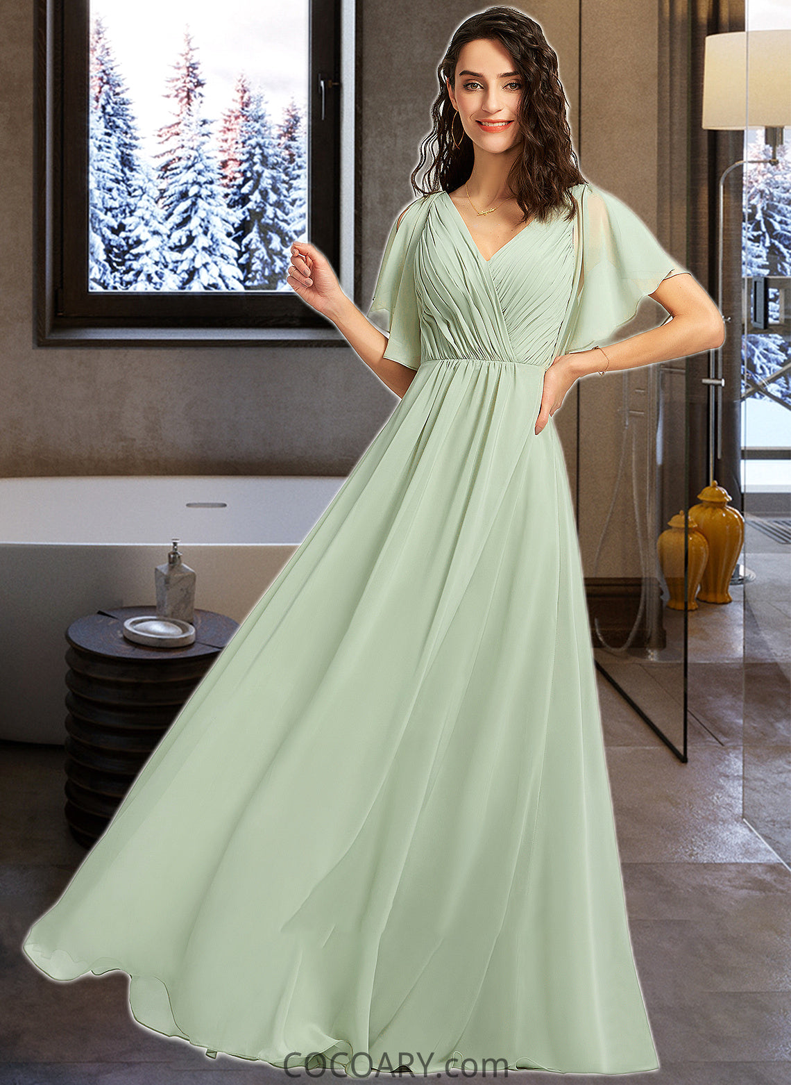 Cristal A-Line V-neck Floor-Length Bridesmaid Dress With Ruffle DA8P0012940