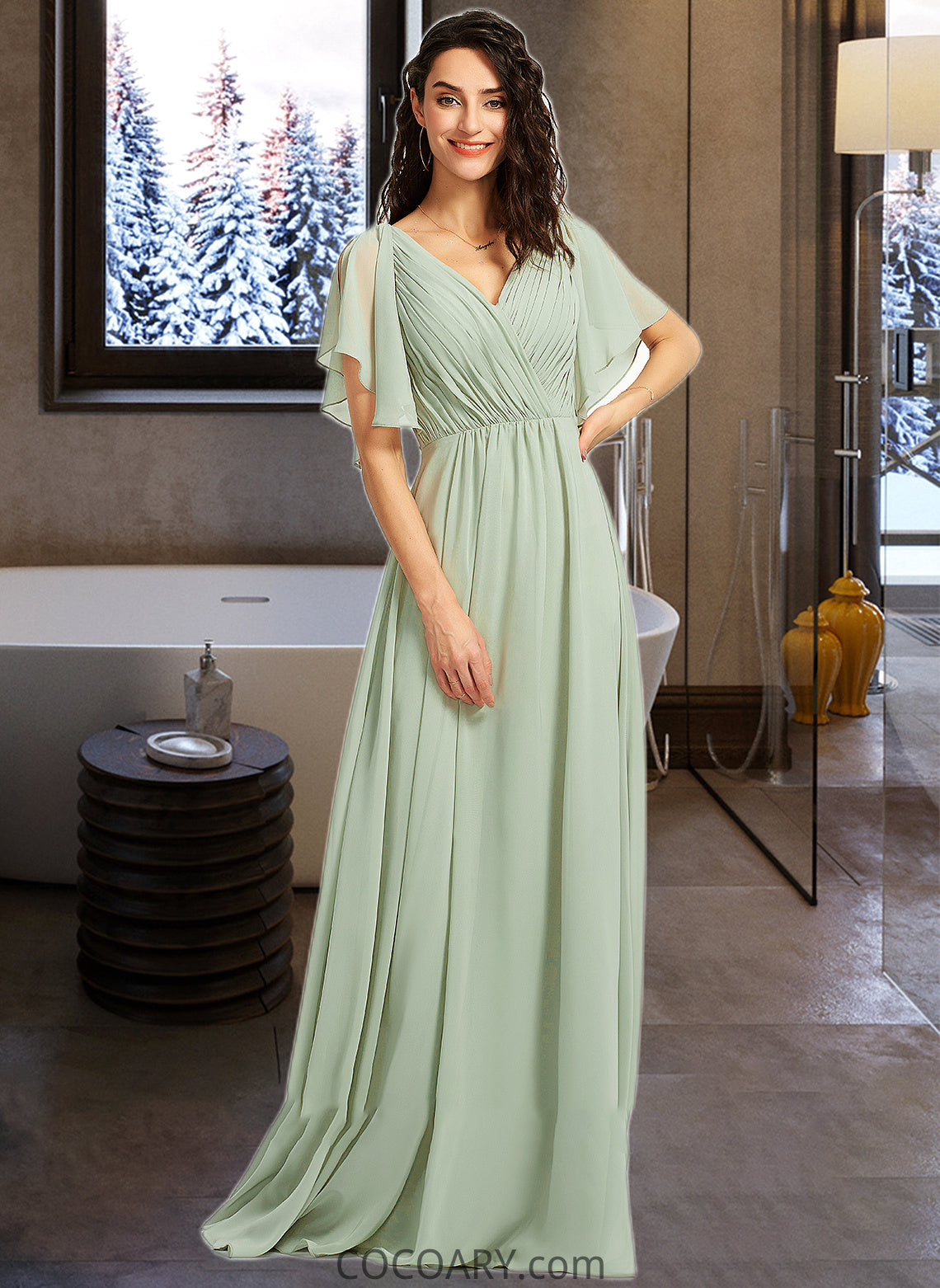 Cristal A-Line V-neck Floor-Length Bridesmaid Dress With Ruffle DA8P0012940