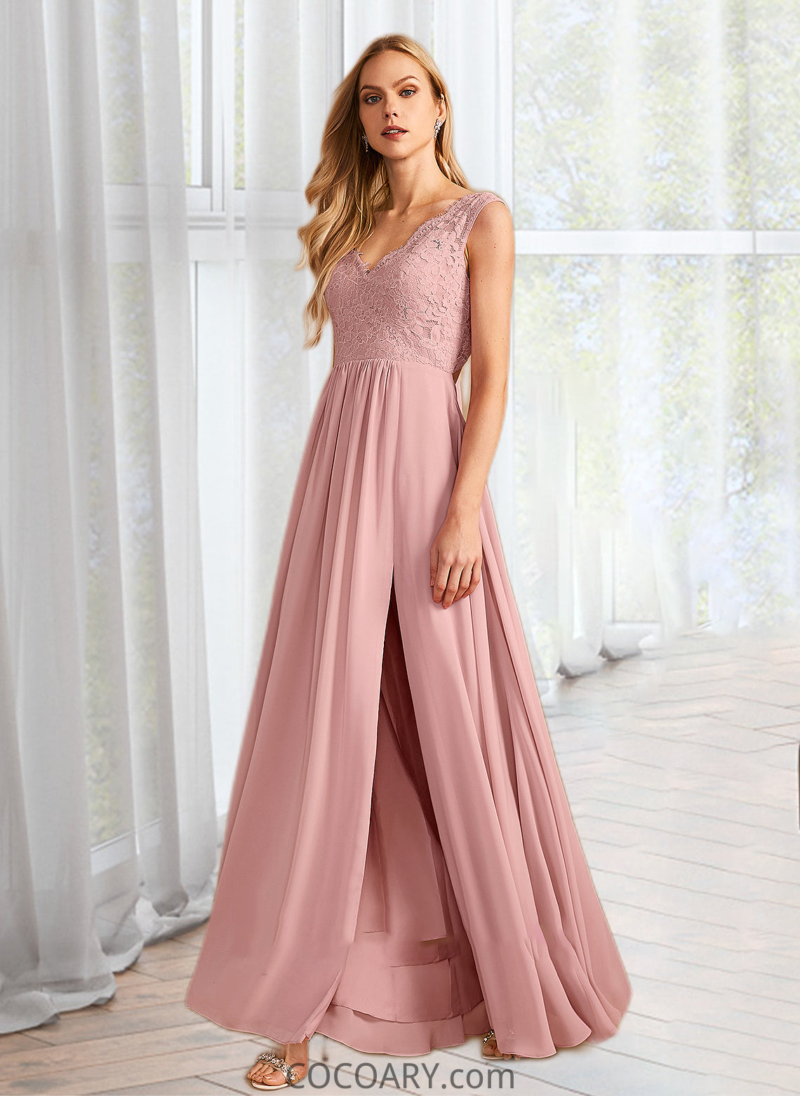 Aliya A-Line V-neck Floor-Length Bridesmaid Dress With Split Front Pockets DA8P0012943