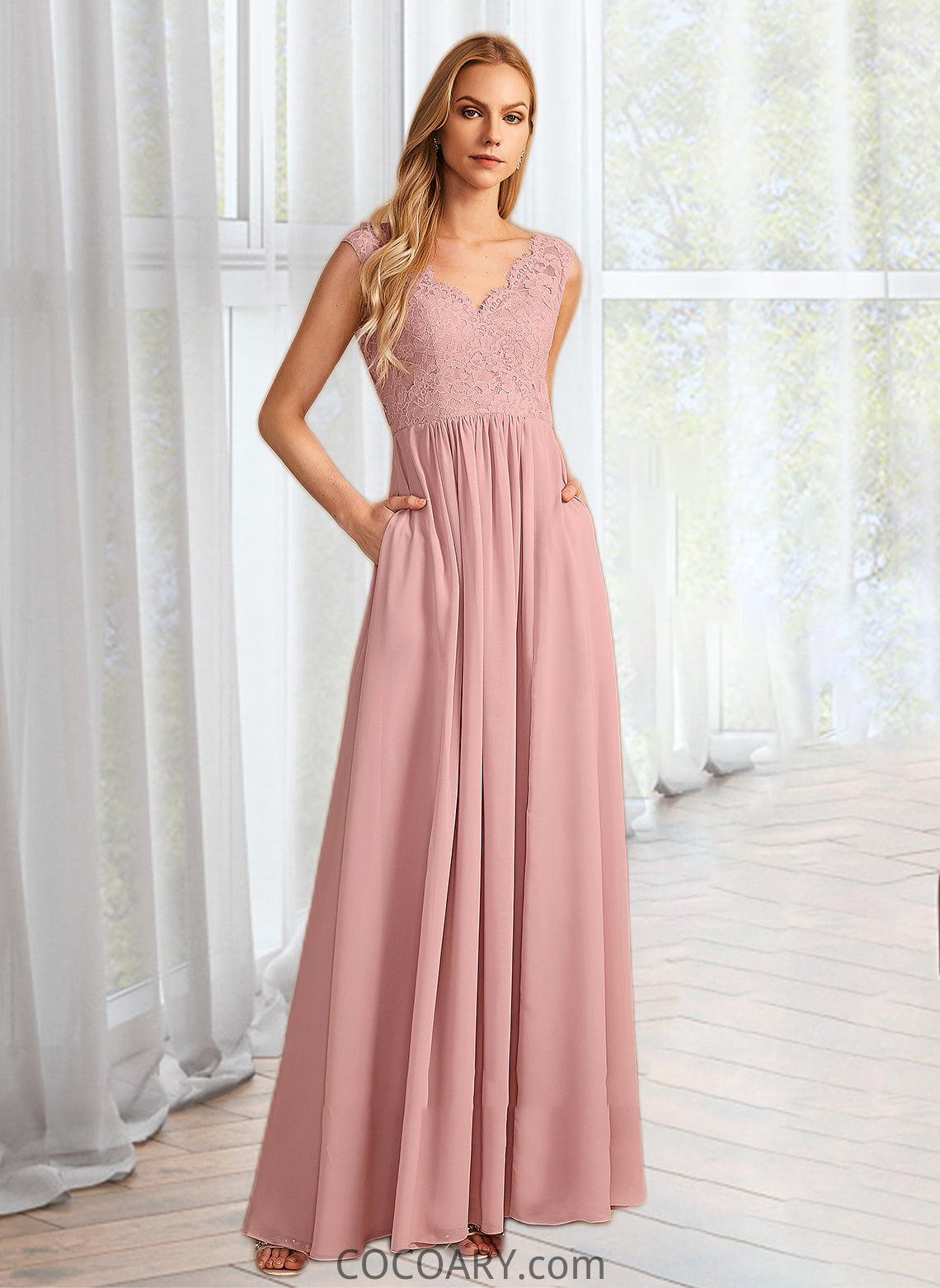 Aliya A-Line V-neck Floor-Length Bridesmaid Dress With Split Front Pockets DA8P0012943