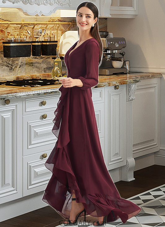 Skylar A-Line V-neck Asymmetrical Bridesmaid Dress With Ruffle Split Front DA8P0012945