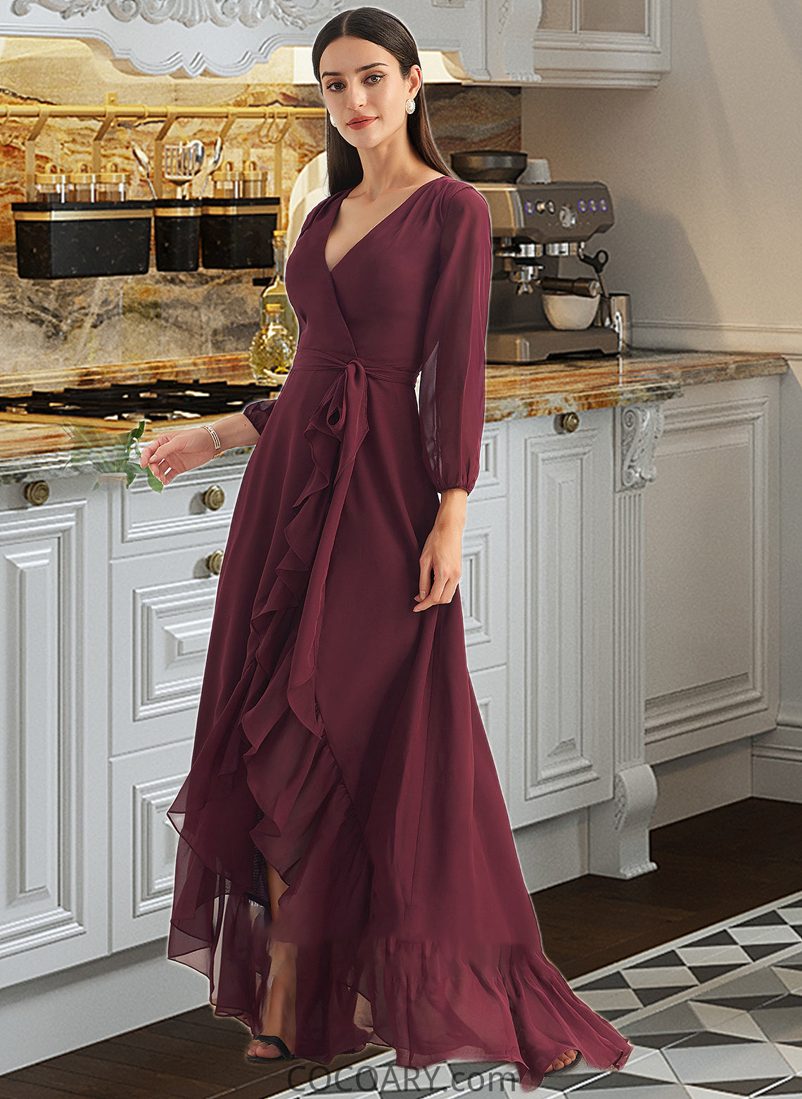 Skylar A-Line V-neck Asymmetrical Bridesmaid Dress With Ruffle Split Front DA8P0012945