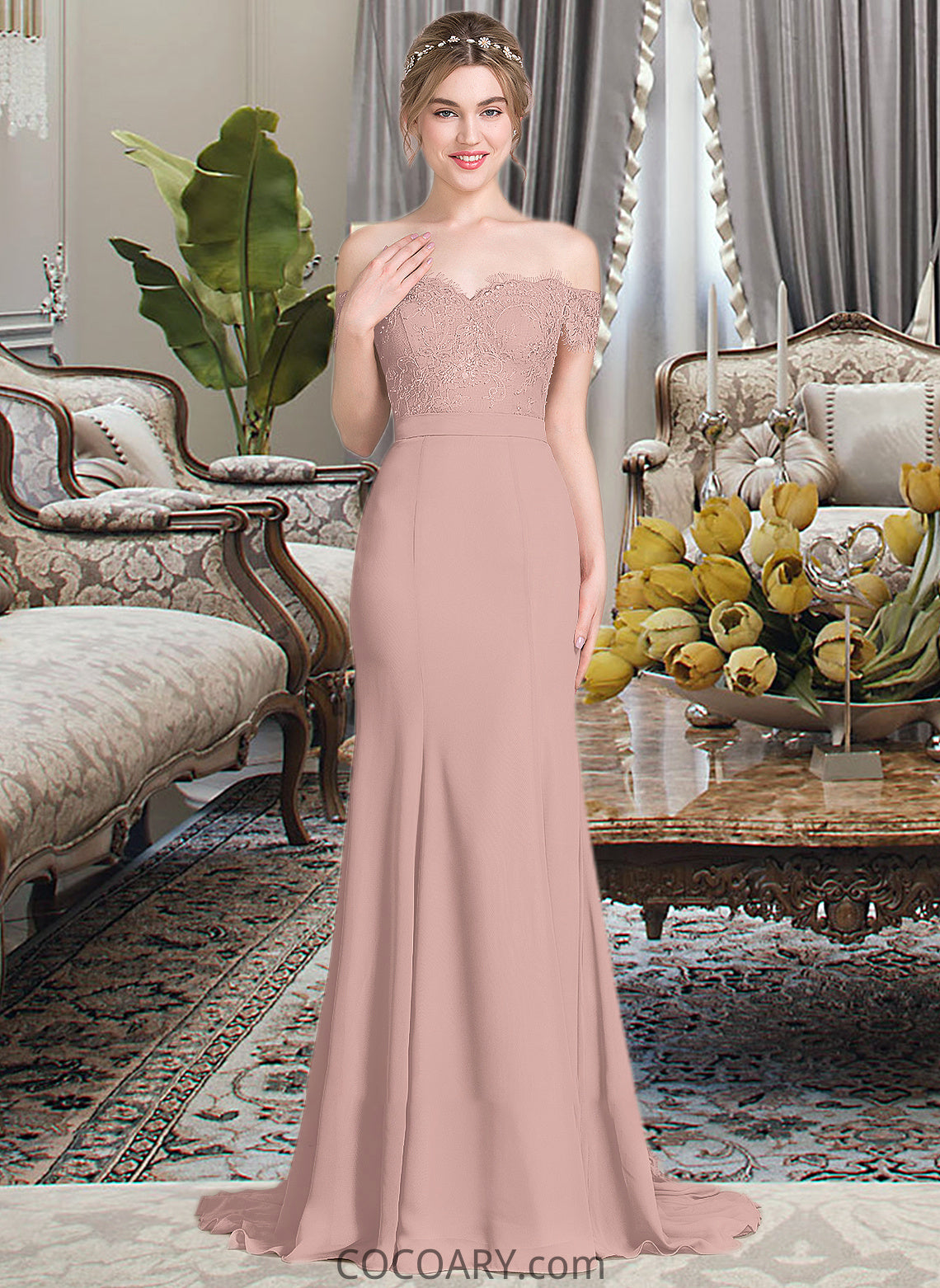 Talia Trumpet/Mermaid Off the Shoulder Court Train Chiffon Lace Bridesmaid Dress With Sequins DA8P0012955