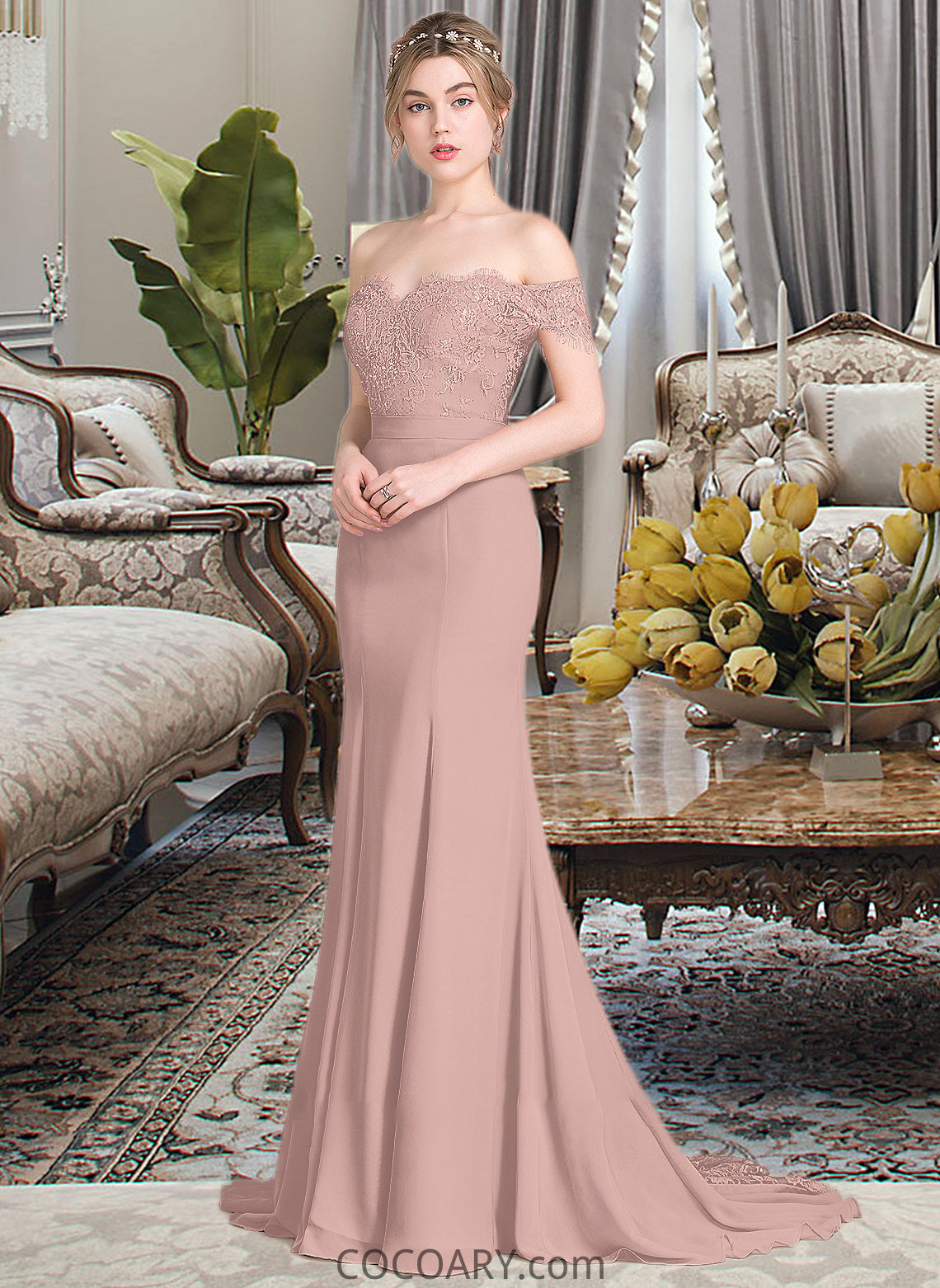 Talia Trumpet/Mermaid Off the Shoulder Court Train Chiffon Lace Bridesmaid Dress With Sequins DA8P0012955