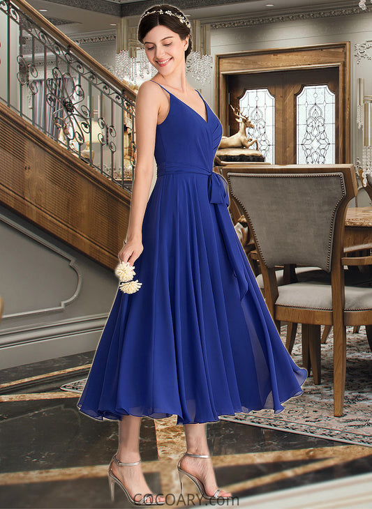 Jolie A-Line V-neck Tea-Length Chiffon Bridesmaid Dress With Ruffle Bow(s) DA8P0012958