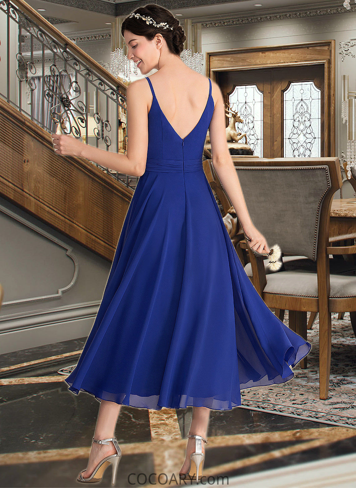 Jolie A-Line V-neck Tea-Length Chiffon Bridesmaid Dress With Ruffle Bow(s) DA8P0012958