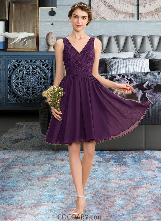 Michaelia A-Line V-neck Knee-Length Chiffon Lace Bridesmaid Dress With Ruffle DA8P0012964