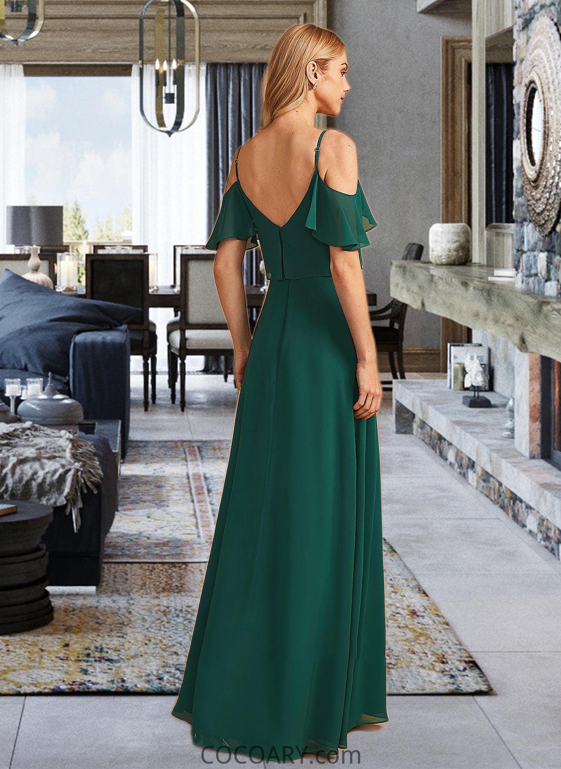 Nell A-Line V-neck Floor-Length Bridesmaid Dress With Ruffle DA8P0012970