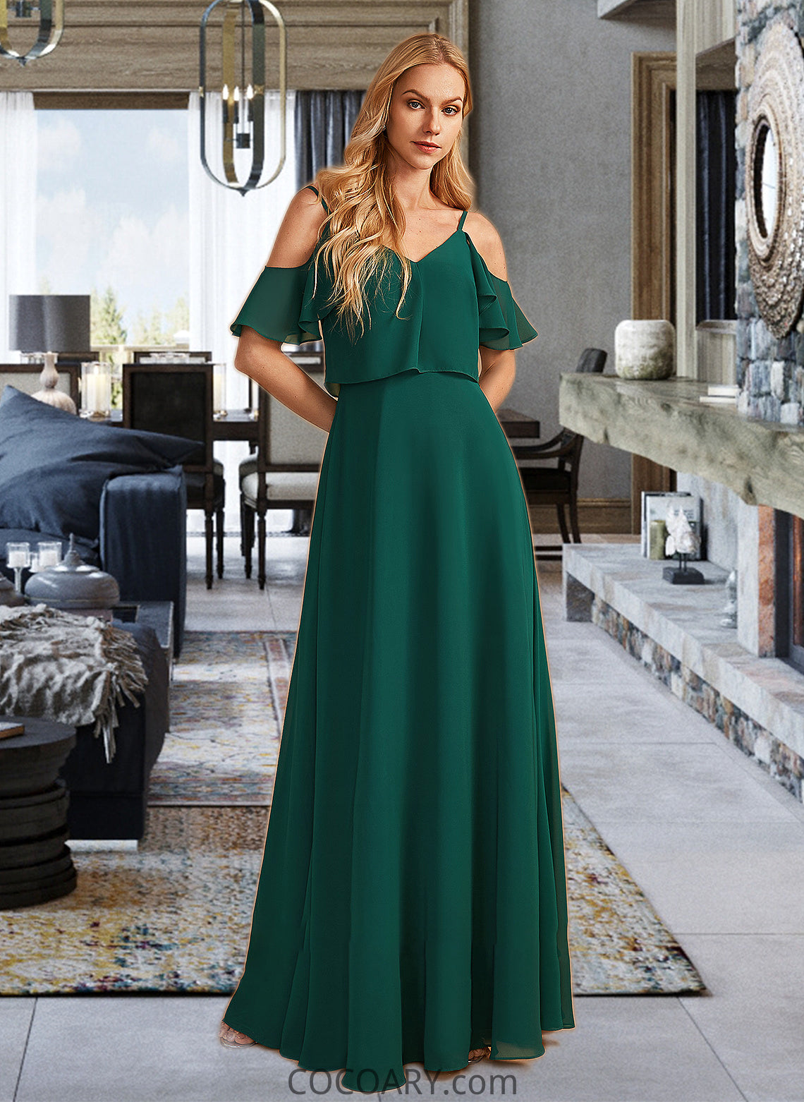 Nell A-Line V-neck Floor-Length Bridesmaid Dress With Ruffle DA8P0012970