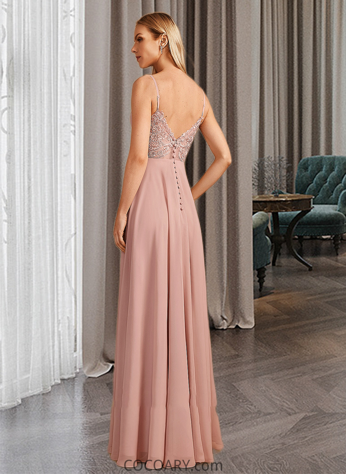 Riley A-Line V-neck Floor-Length Bridesmaid Dress With Lace DA8P0012975