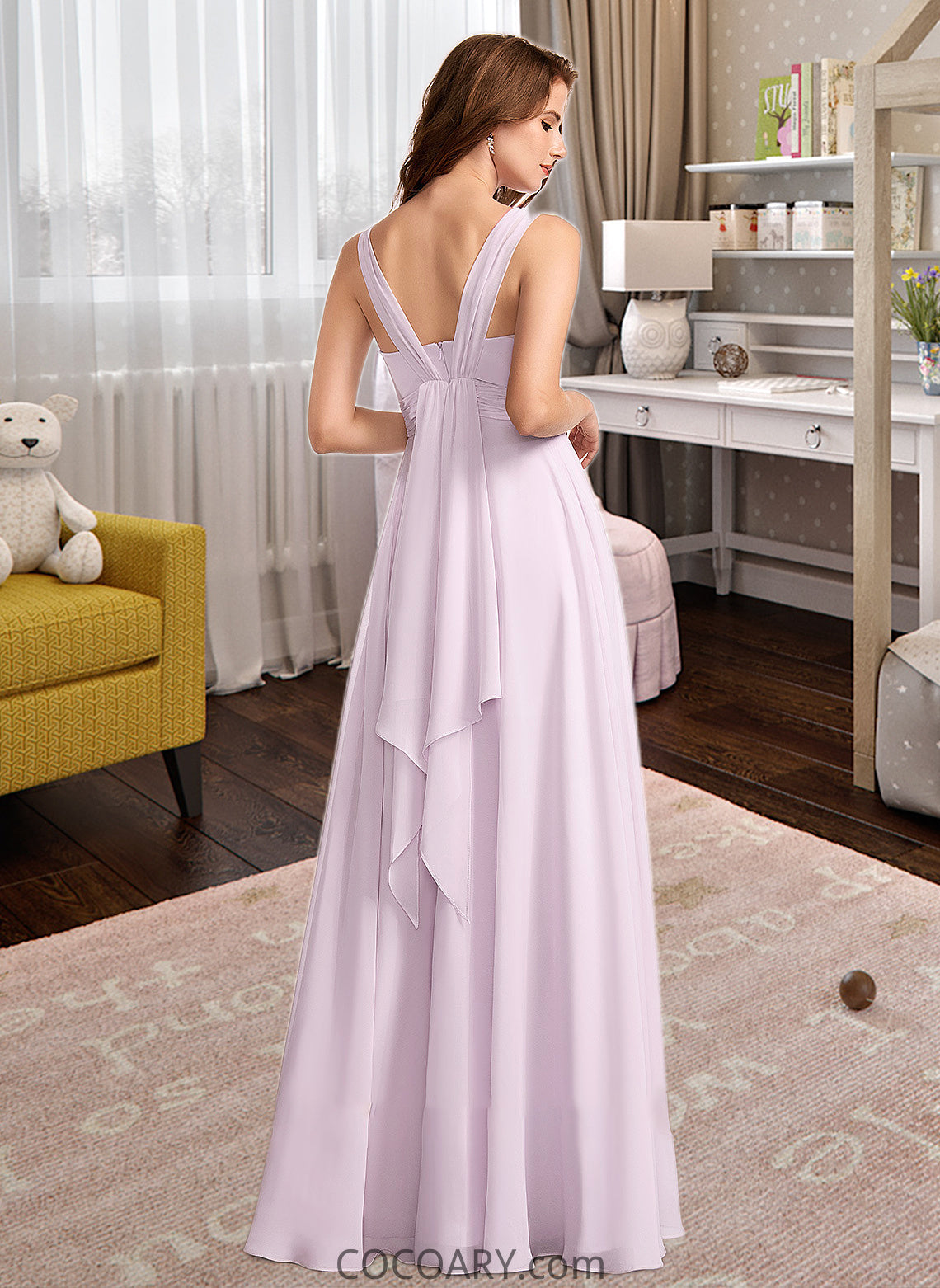 Meghan A-Line V-neck Floor-Length Bridesmaid Dress With Ruffle DA8P0012982