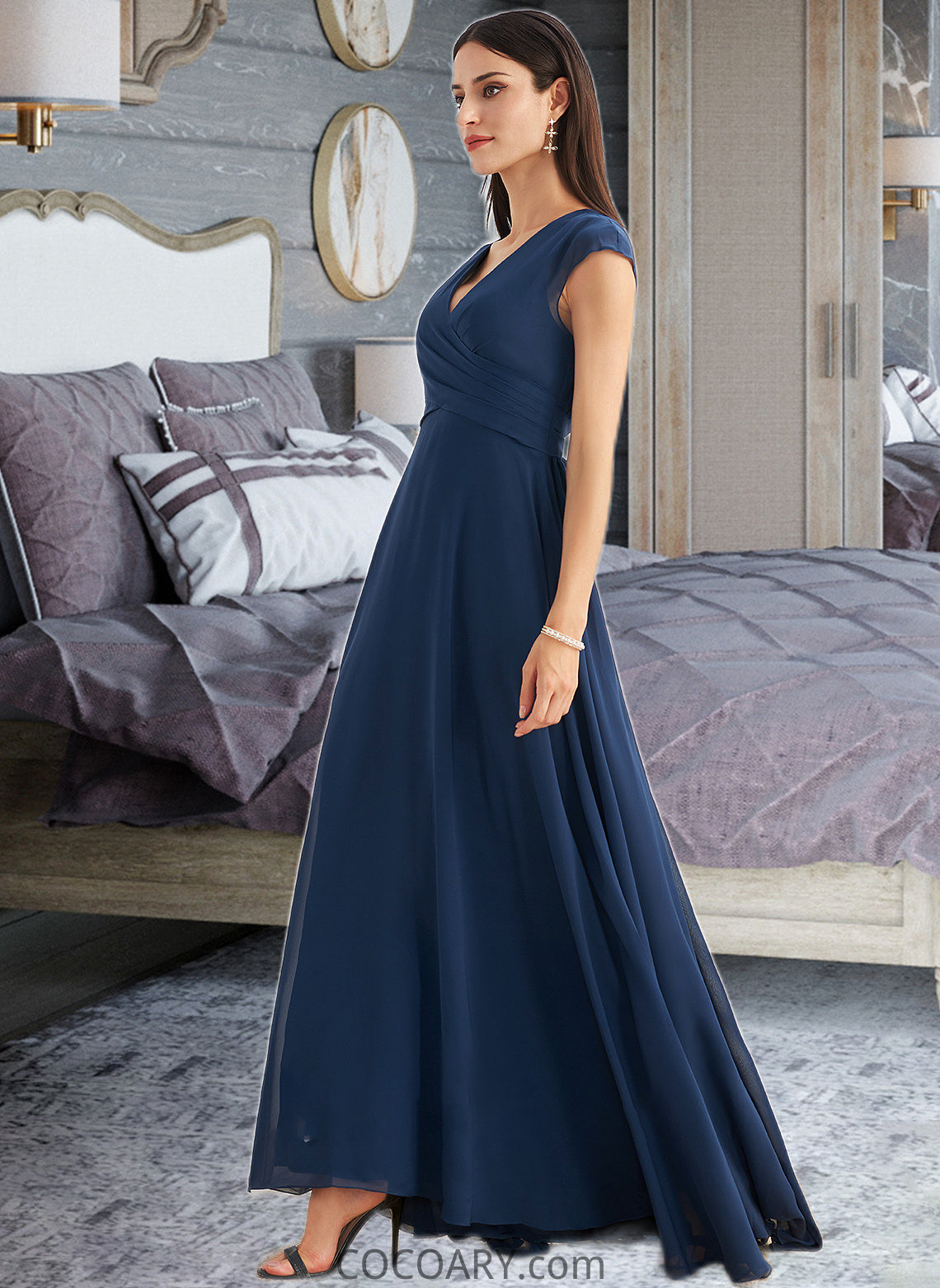 Kelsie A-Line V-neck Floor-Length Bridesmaid Dress With Ruffle DA8P0012986