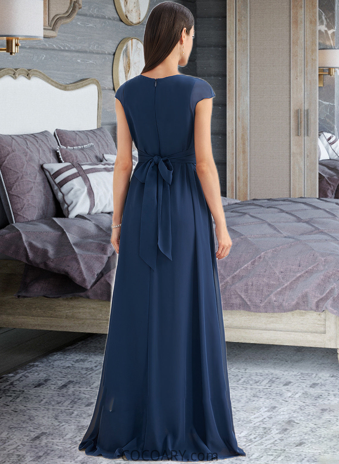 Kelsie A-Line V-neck Floor-Length Bridesmaid Dress With Ruffle DA8P0012986