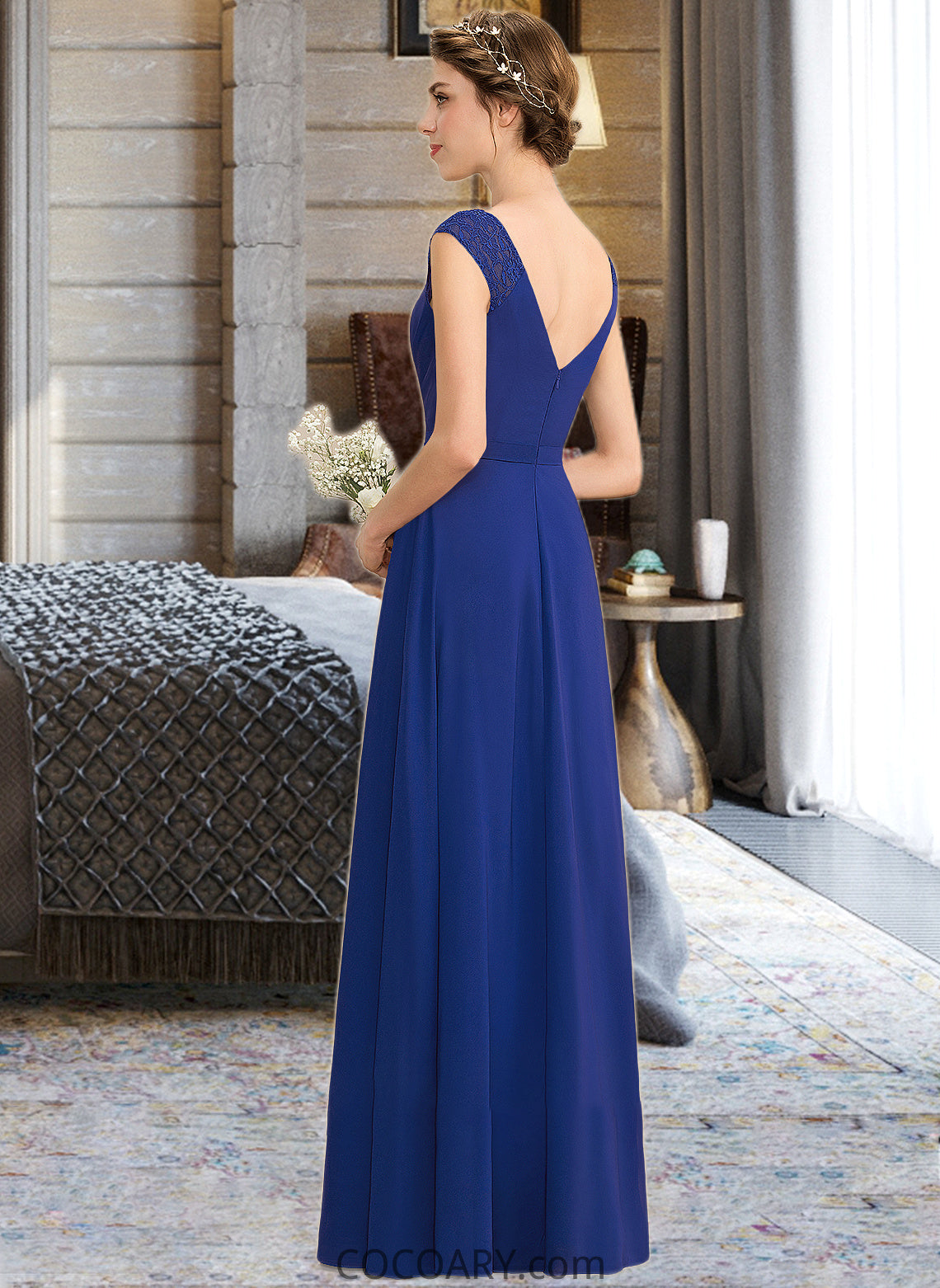 Marilyn A-Line V-neck Floor-Length Chiffon Lace Bridesmaid Dress With Ruffle Split Front DA8P0012988