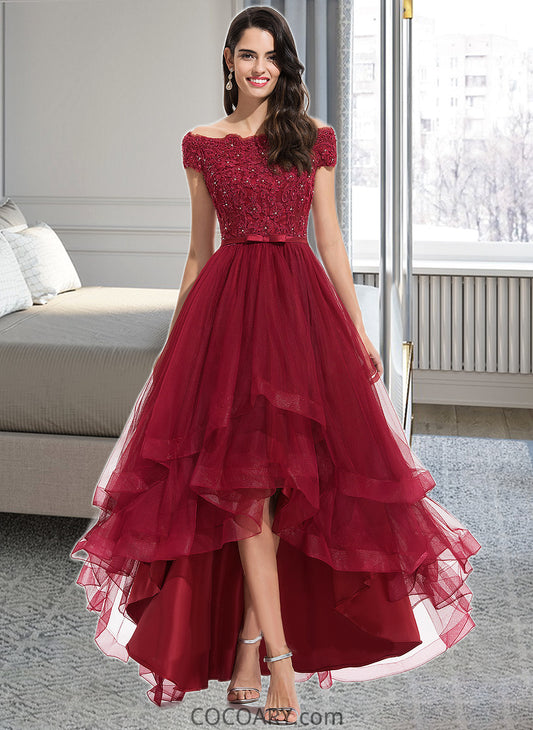 Ruth Ball-Gown/Princess Off-the-Shoulder Asymmetrical Tulle Bridesmaid Dress With Beading Sequins Bow(s) DA8P0012991