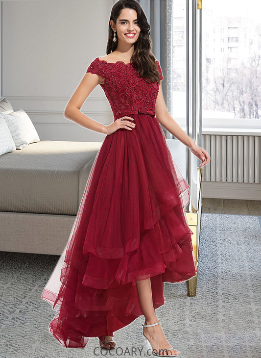 Ruth Ball-Gown/Princess Off-the-Shoulder Asymmetrical Tulle Bridesmaid Dress With Beading Sequins Bow(s) DA8P0012991