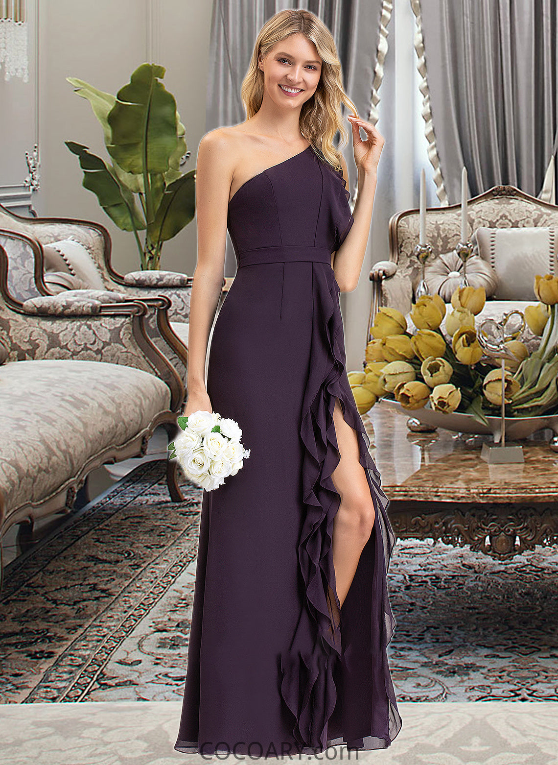 Cynthia A-Line One-Shoulder Floor-Length Chiffon Bridesmaid Dress With Split Front Cascading Ruffles DA8P0012997