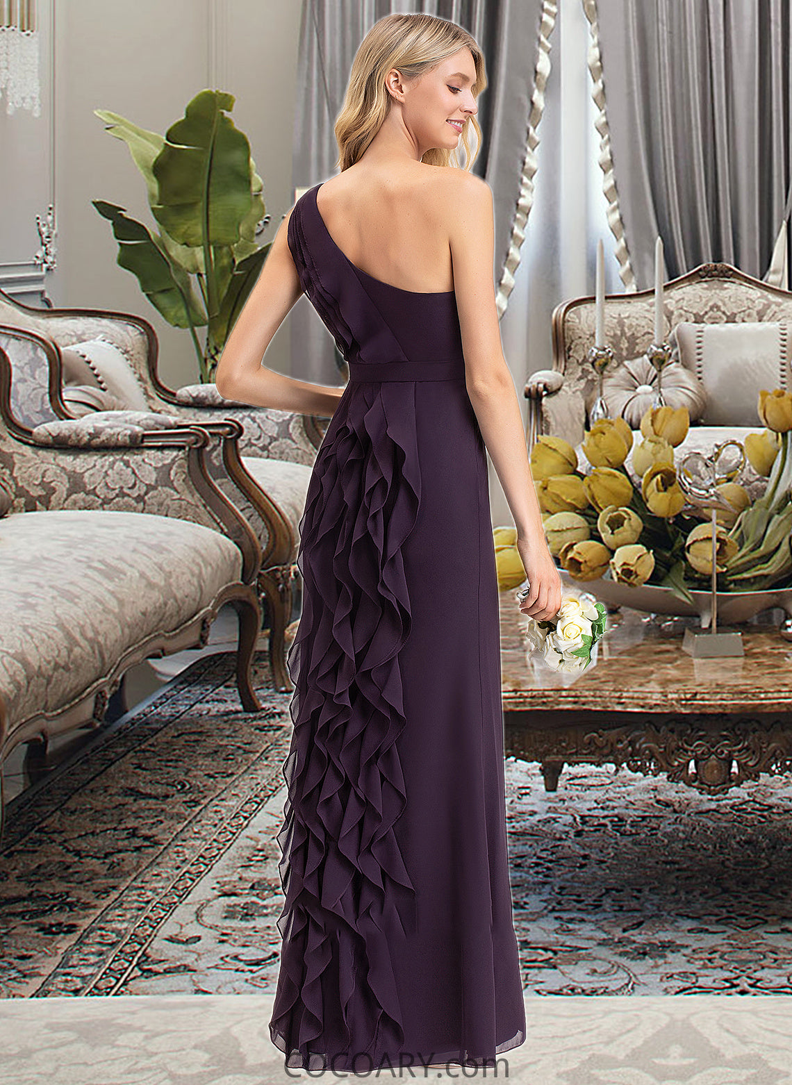 Cynthia A-Line One-Shoulder Floor-Length Chiffon Bridesmaid Dress With Split Front Cascading Ruffles DA8P0012997