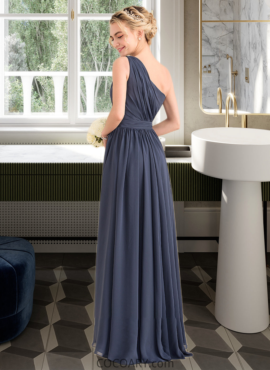 Marlee A-line One Shoulder Asymmetrical Chiffon Bridesmaid Dress With Cascading Ruffles DA8P0012998