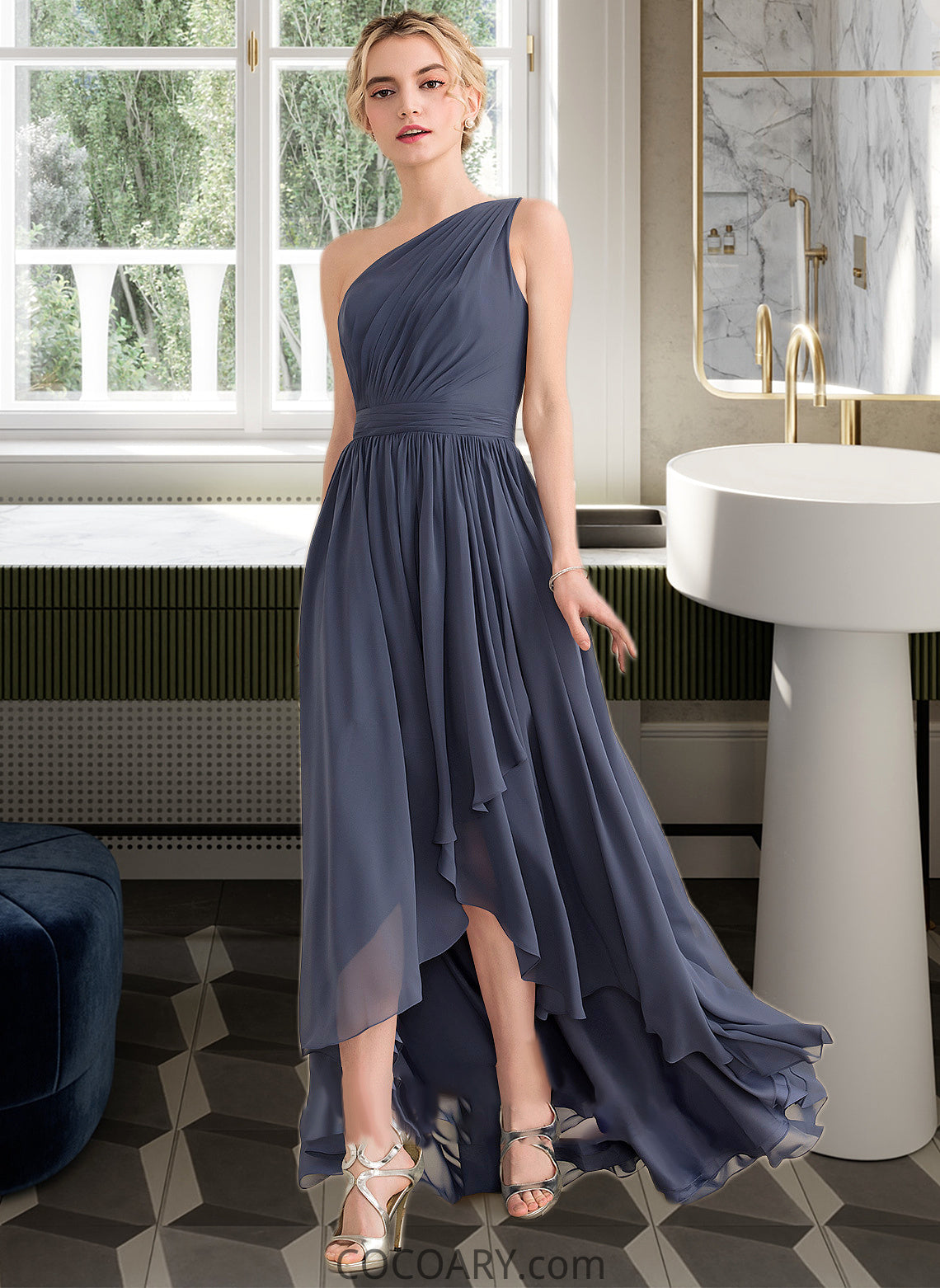 Marlee A-line One Shoulder Asymmetrical Chiffon Bridesmaid Dress With Cascading Ruffles DA8P0012998