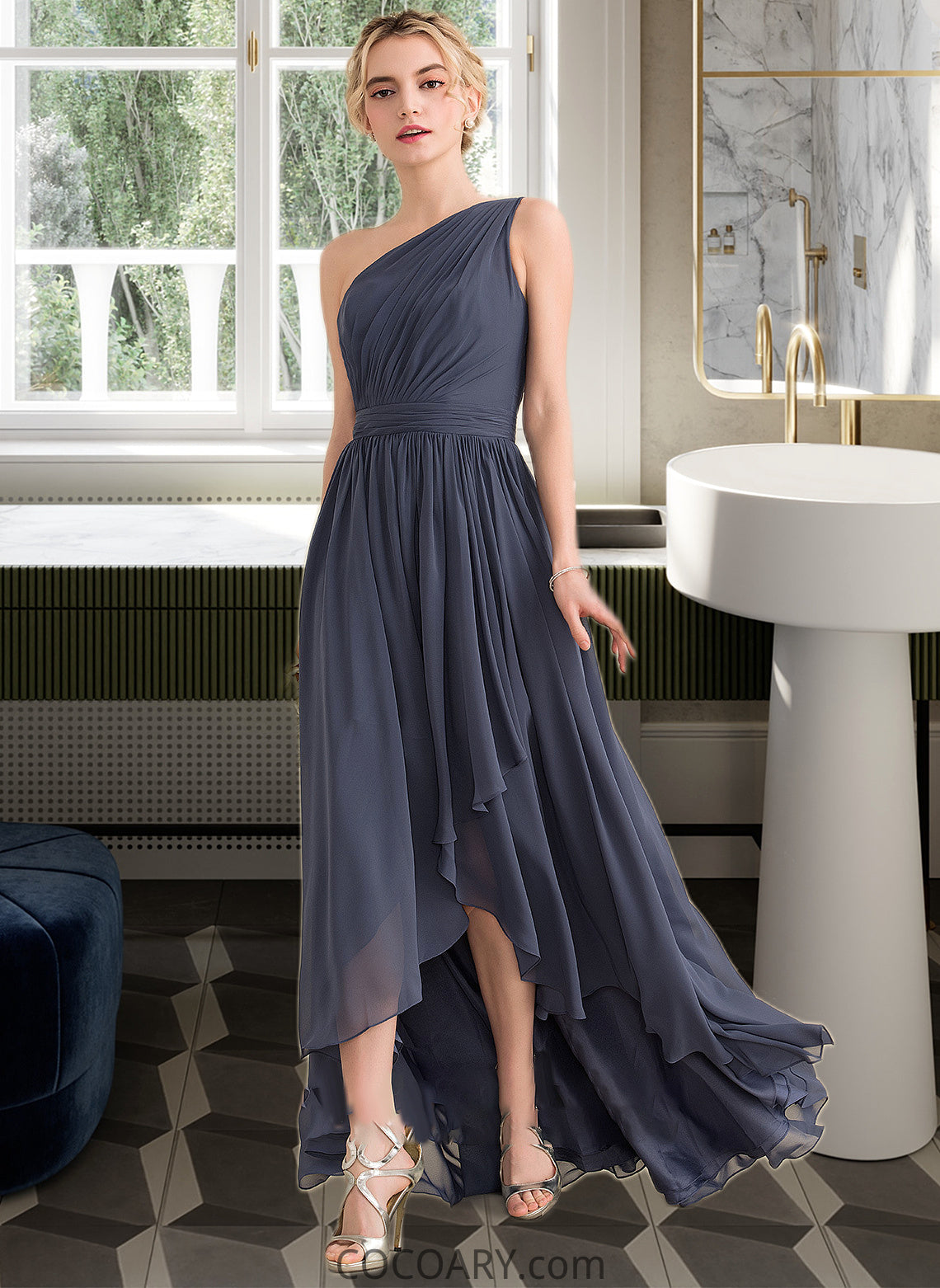 Marlee A-line One Shoulder Asymmetrical Chiffon Bridesmaid Dress With Cascading Ruffles DA8P0012998