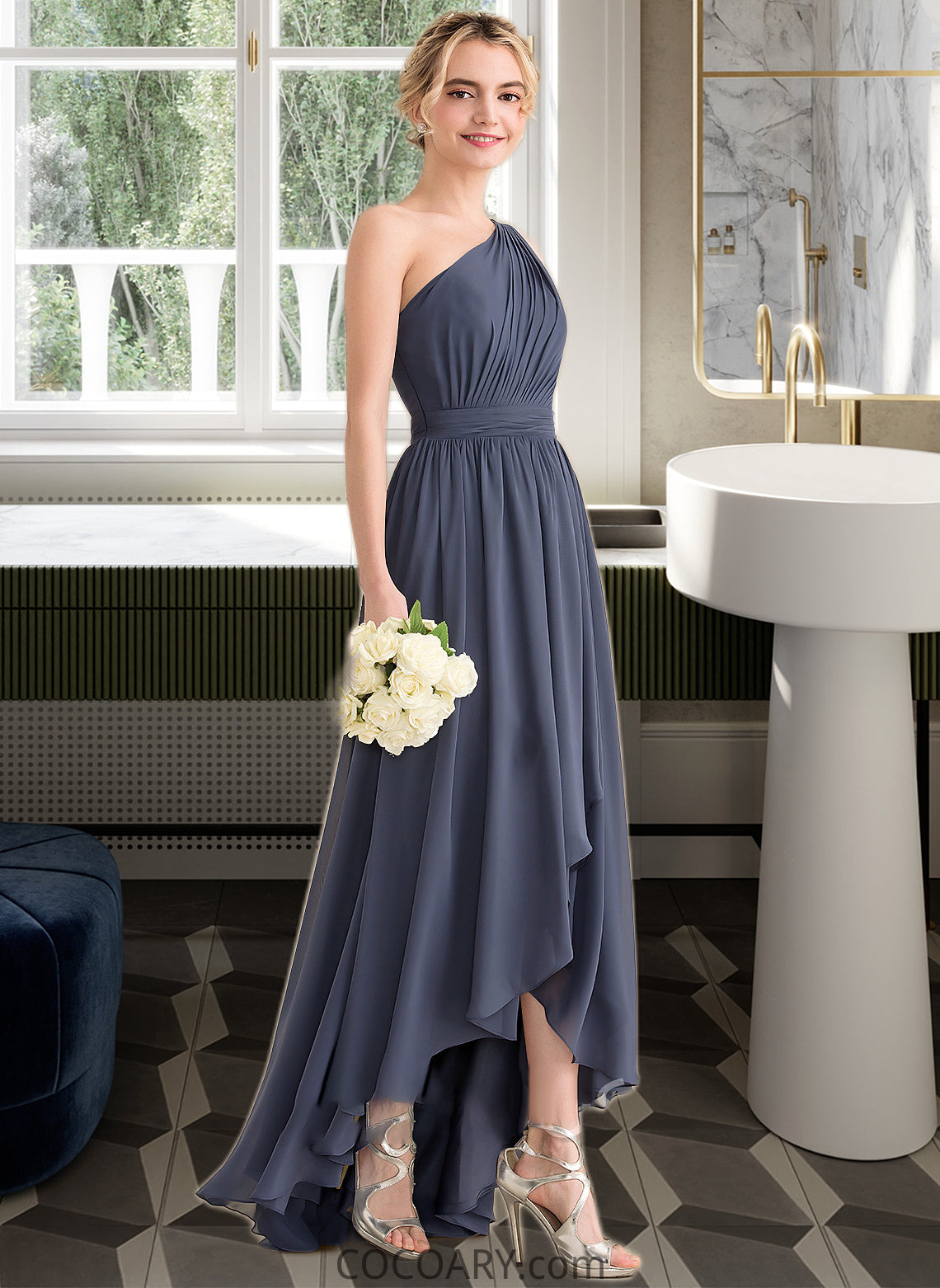 Marlee A-line One Shoulder Asymmetrical Chiffon Bridesmaid Dress With Cascading Ruffles DA8P0012998