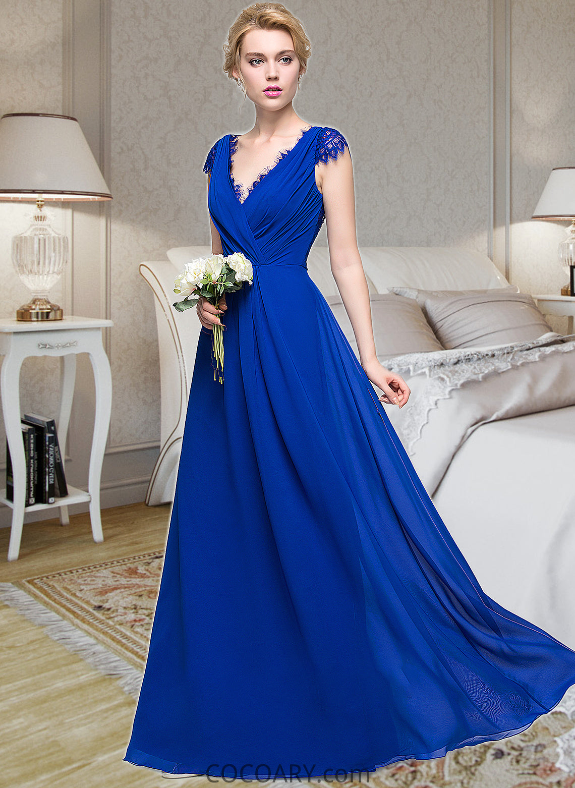 Sam A-Line V-neck Floor-Length Chiffon Bridesmaid Dress With Ruffle DA8P0013004