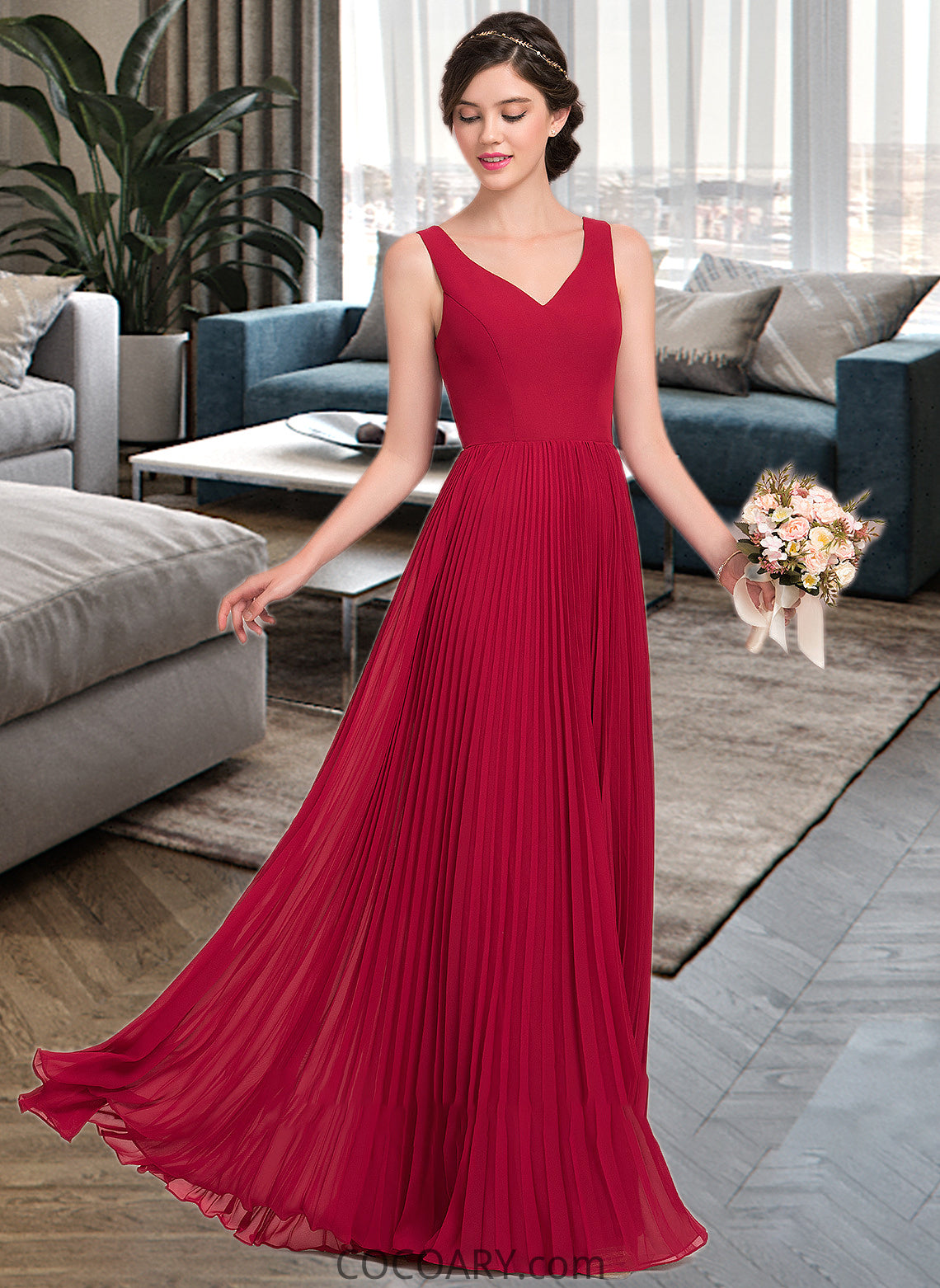 Monique A-Line V-neck Floor-Length Chiffon Bridesmaid Dress With Split Front Pleated DA8P0013007