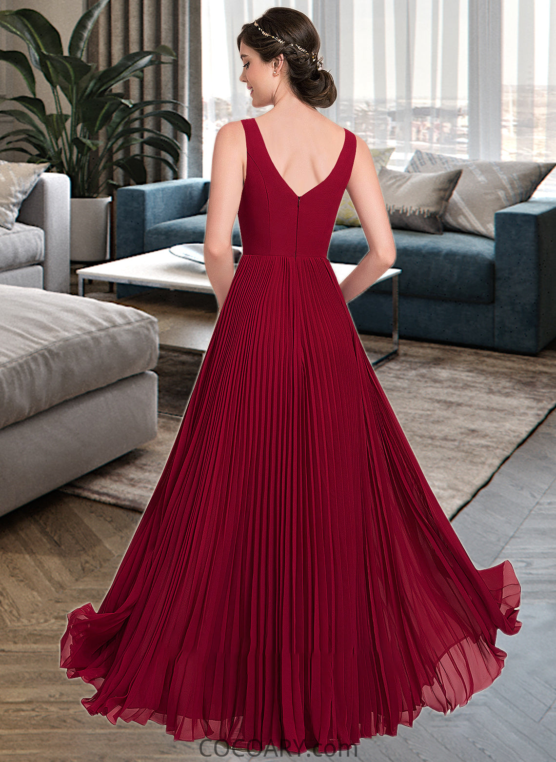 Monique A-Line V-neck Floor-Length Chiffon Bridesmaid Dress With Split Front Pleated DA8P0013007