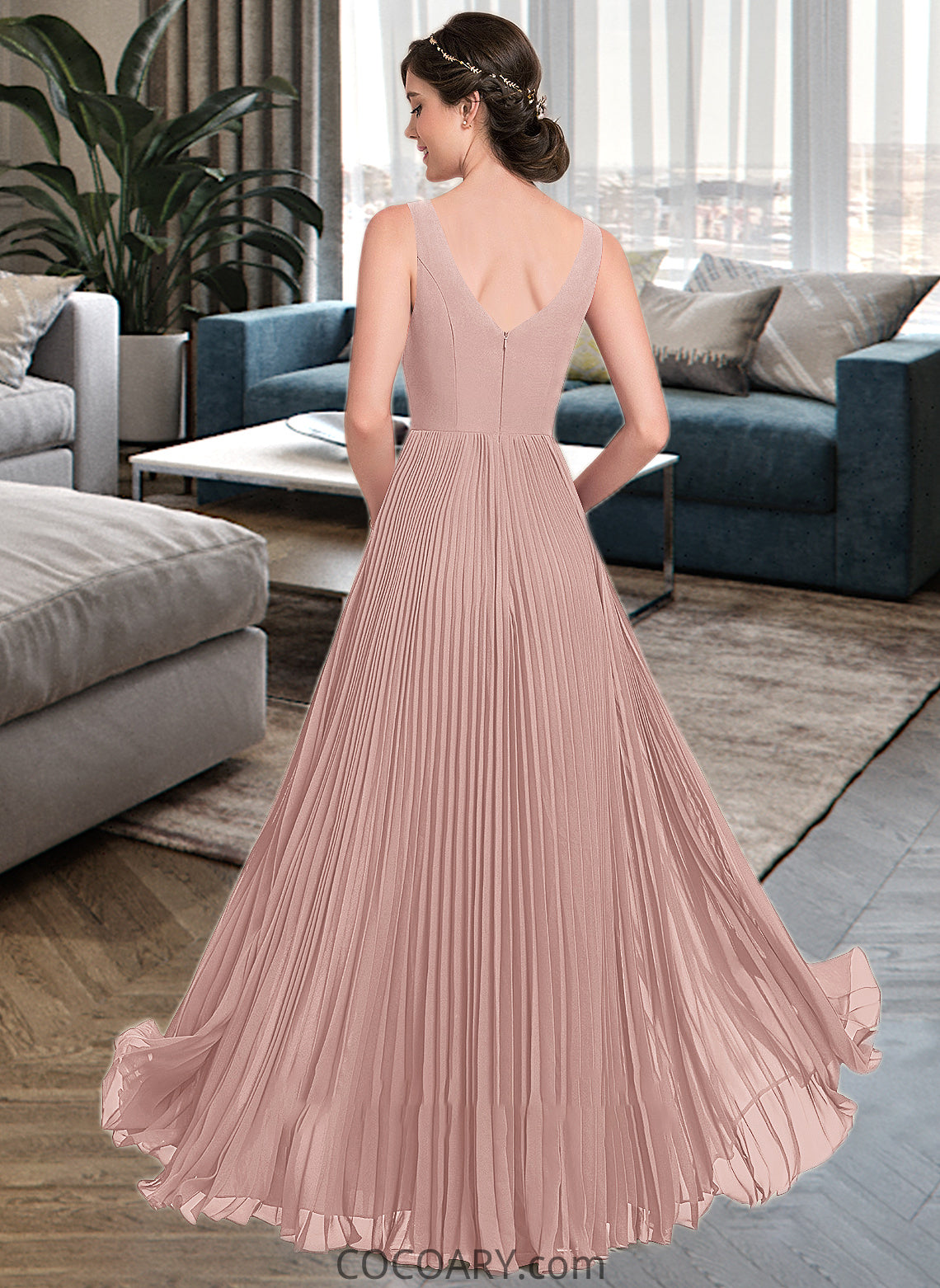 Monique A-Line V-neck Floor-Length Chiffon Bridesmaid Dress With Split Front Pleated DA8P0013007