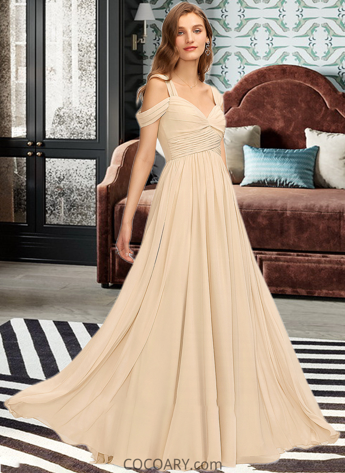 Alyvia A-Line V-neck Floor-Length Chiffon Bridesmaid Dress With Ruffle DA8P0013011