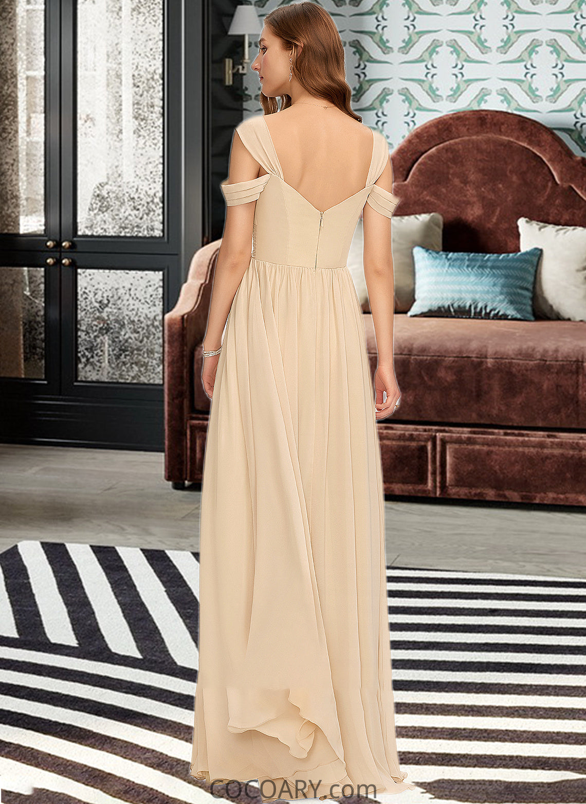 Alyvia A-Line V-neck Floor-Length Chiffon Bridesmaid Dress With Ruffle DA8P0013011