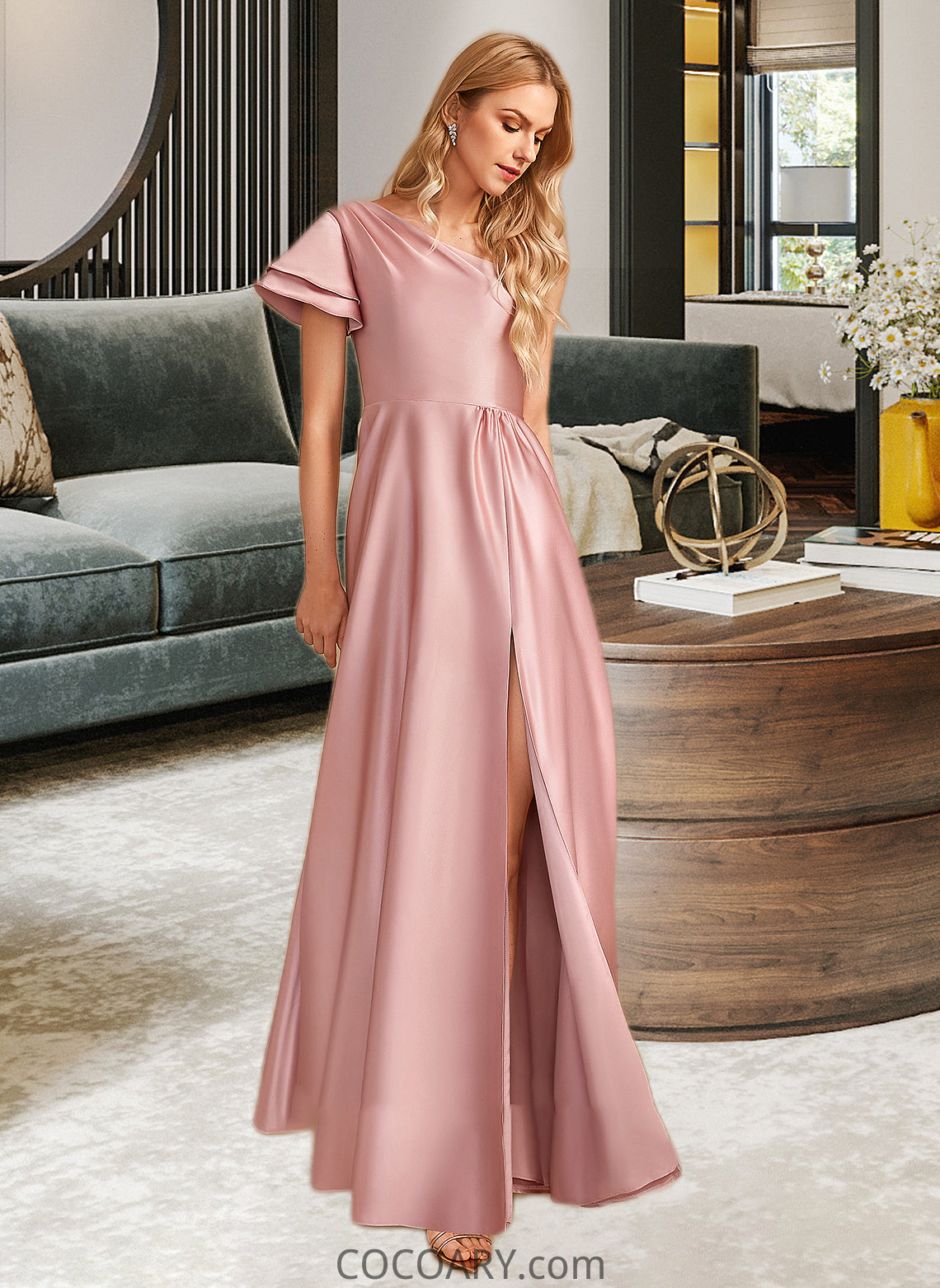 Taylor A-Line One-Shoulder Floor-Length Bridesmaid Dress With Split Front DA8P0013013