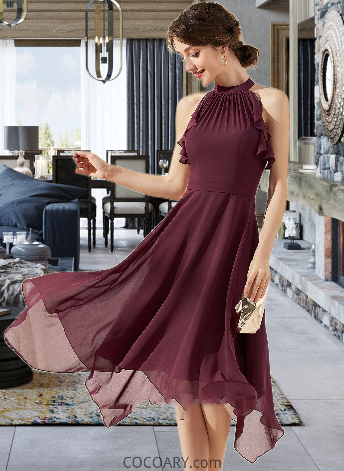 Abigayle A-Line Scoop Neck Tea-Length Chiffon Bridesmaid Dress With Cascading Ruffles DA8P0013016