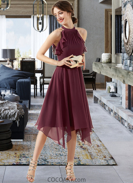 Abigayle A-Line Scoop Neck Tea-Length Chiffon Bridesmaid Dress With Cascading Ruffles DA8P0013016