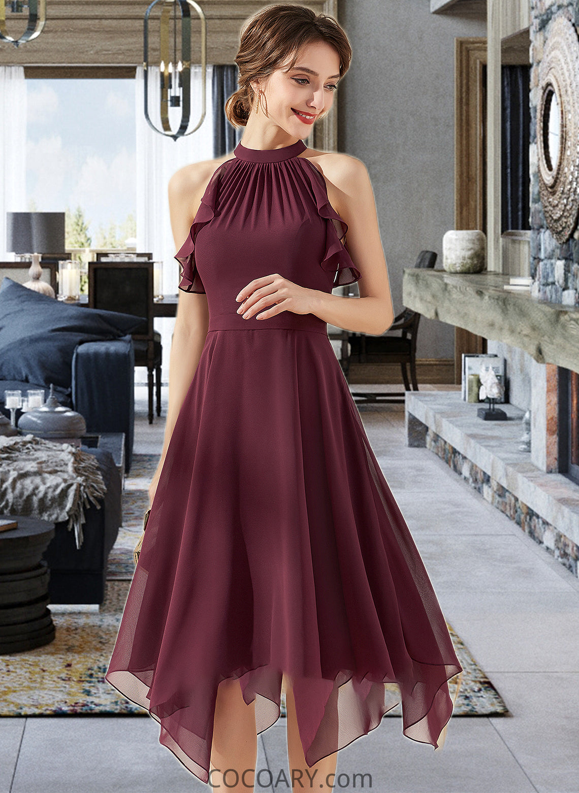 Abigayle A-Line Scoop Neck Tea-Length Chiffon Bridesmaid Dress With Cascading Ruffles DA8P0013016