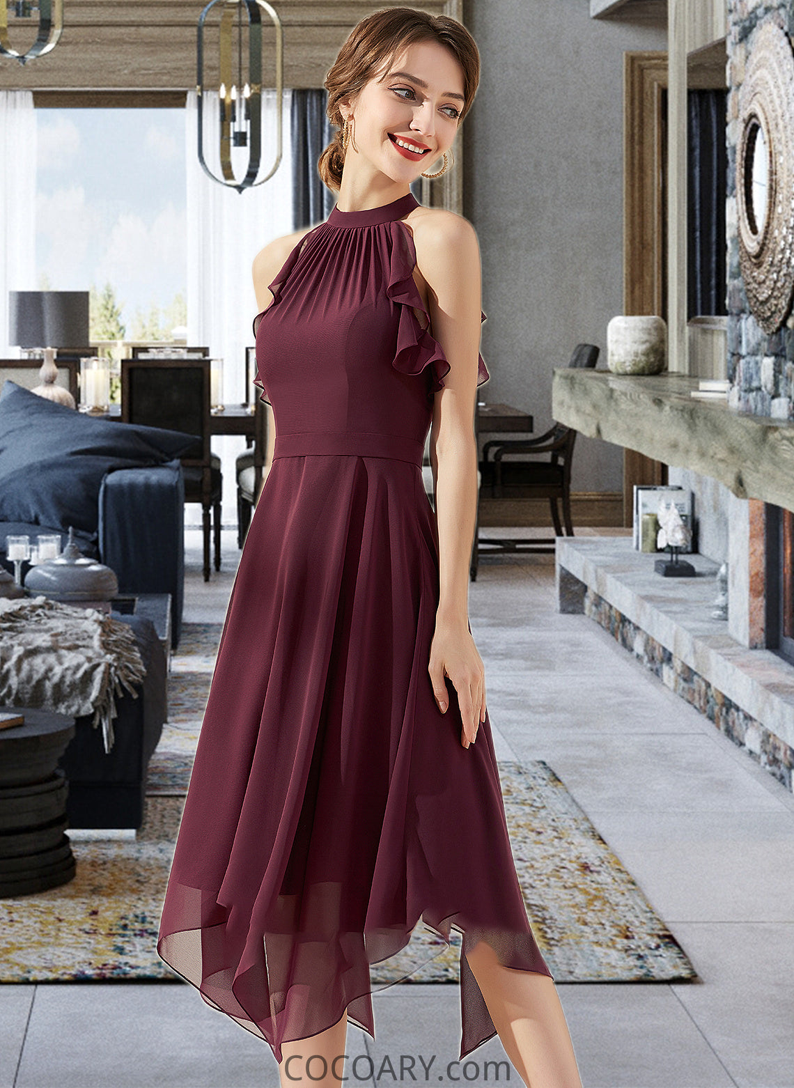 Abigayle A-Line Scoop Neck Tea-Length Chiffon Bridesmaid Dress With Cascading Ruffles DA8P0013016