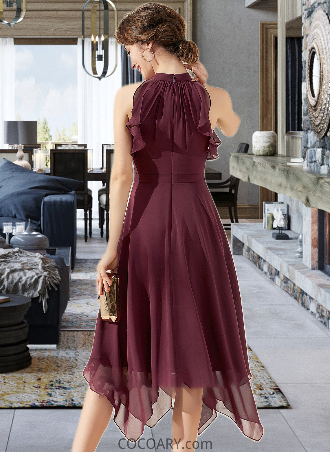 Abigayle A-Line Scoop Neck Tea-Length Chiffon Bridesmaid Dress With Cascading Ruffles DA8P0013016