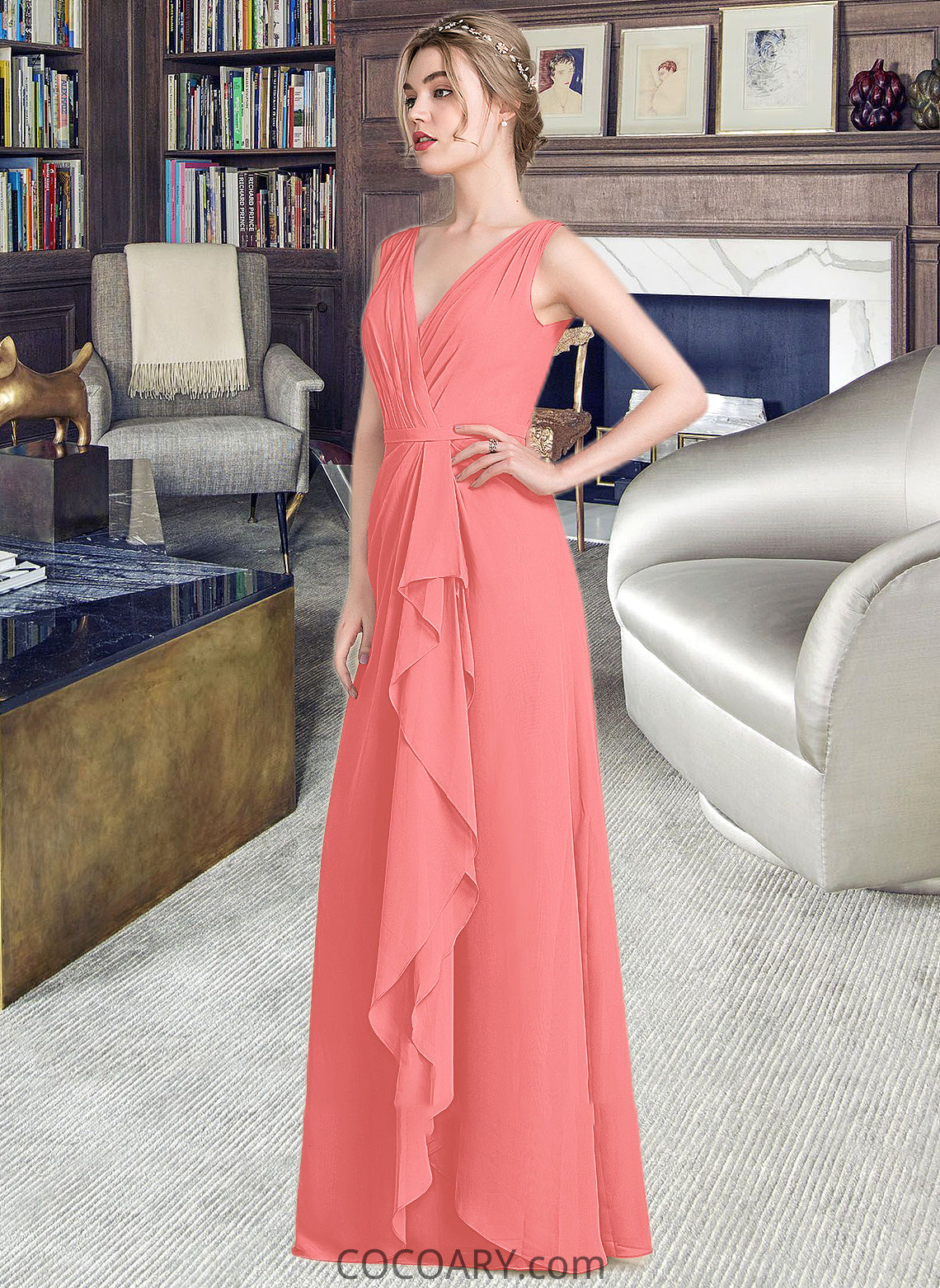 Cherish A-line V-Neck Floor-Length Chiffon Bridesmaid Dress With Cascading Ruffles DA8P0013021